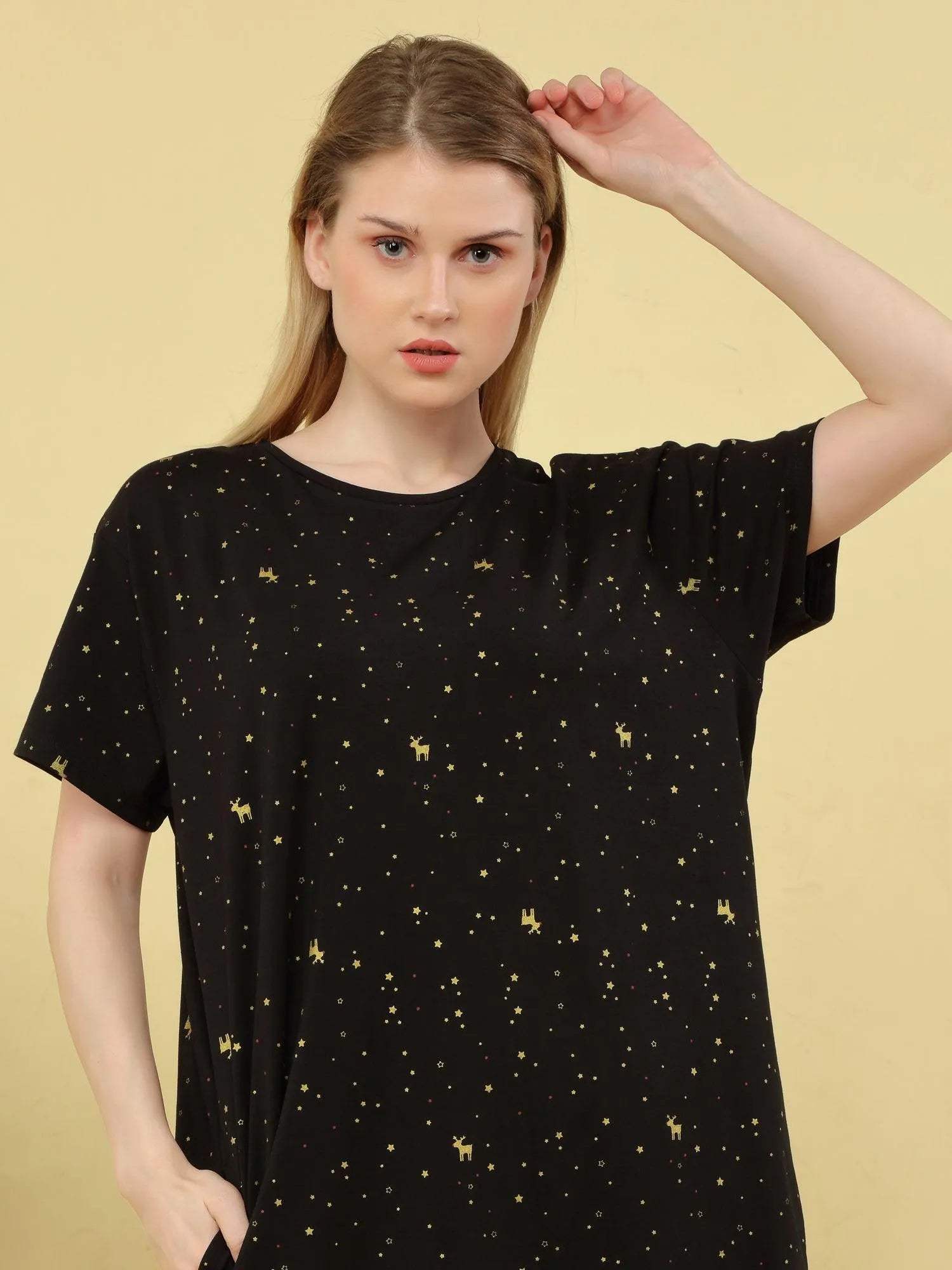 Reindeer Short Nighty (Relaxed Fit) - Velure - Short Nighty - Cotton, Half Sleeves, Knee Length, Printed, Round neck