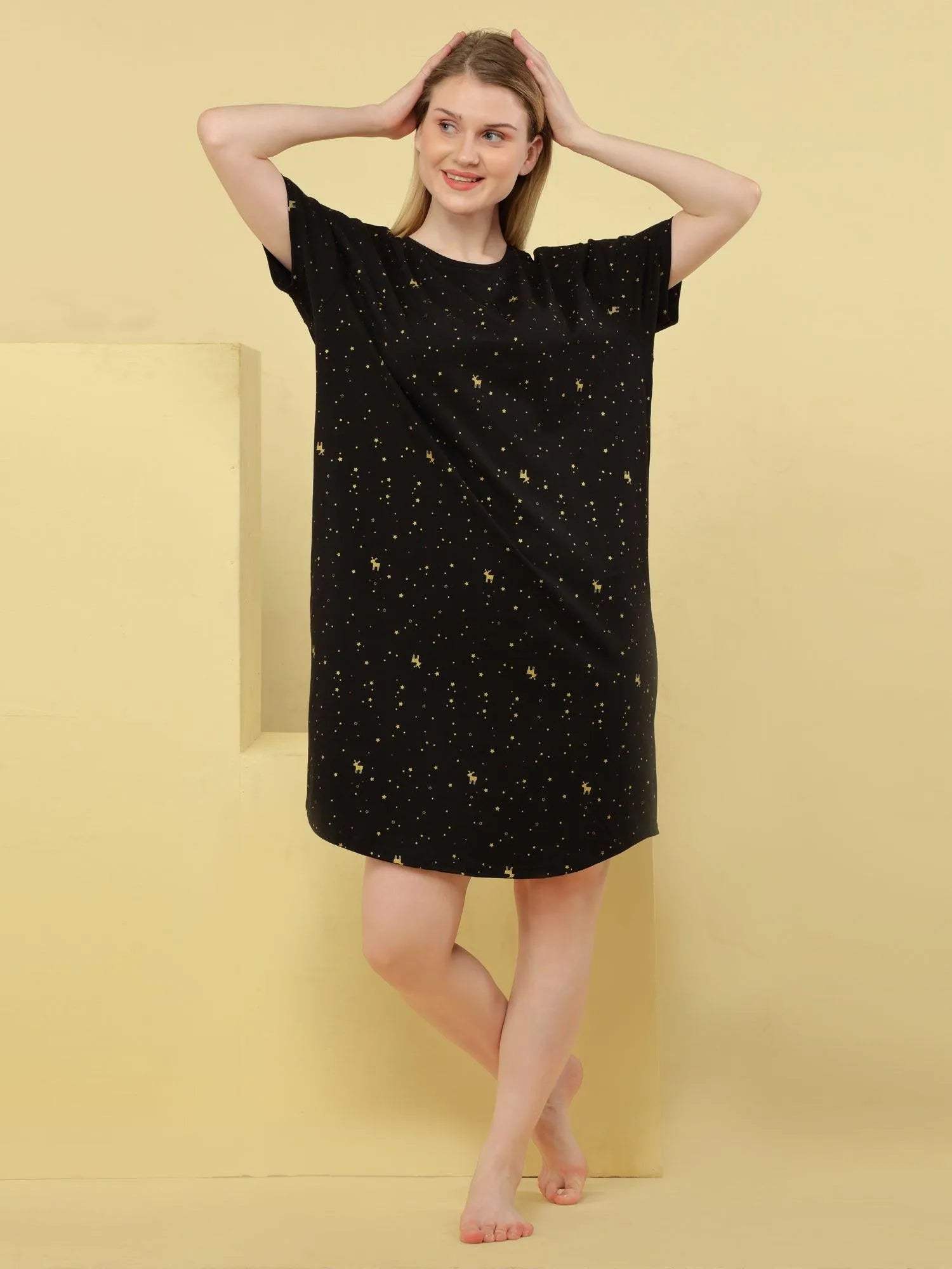Reindeer Short Nighty (Relaxed Fit) - Velure - Short Nighty - Cotton, Half Sleeves, Knee Length, Printed, Round neck