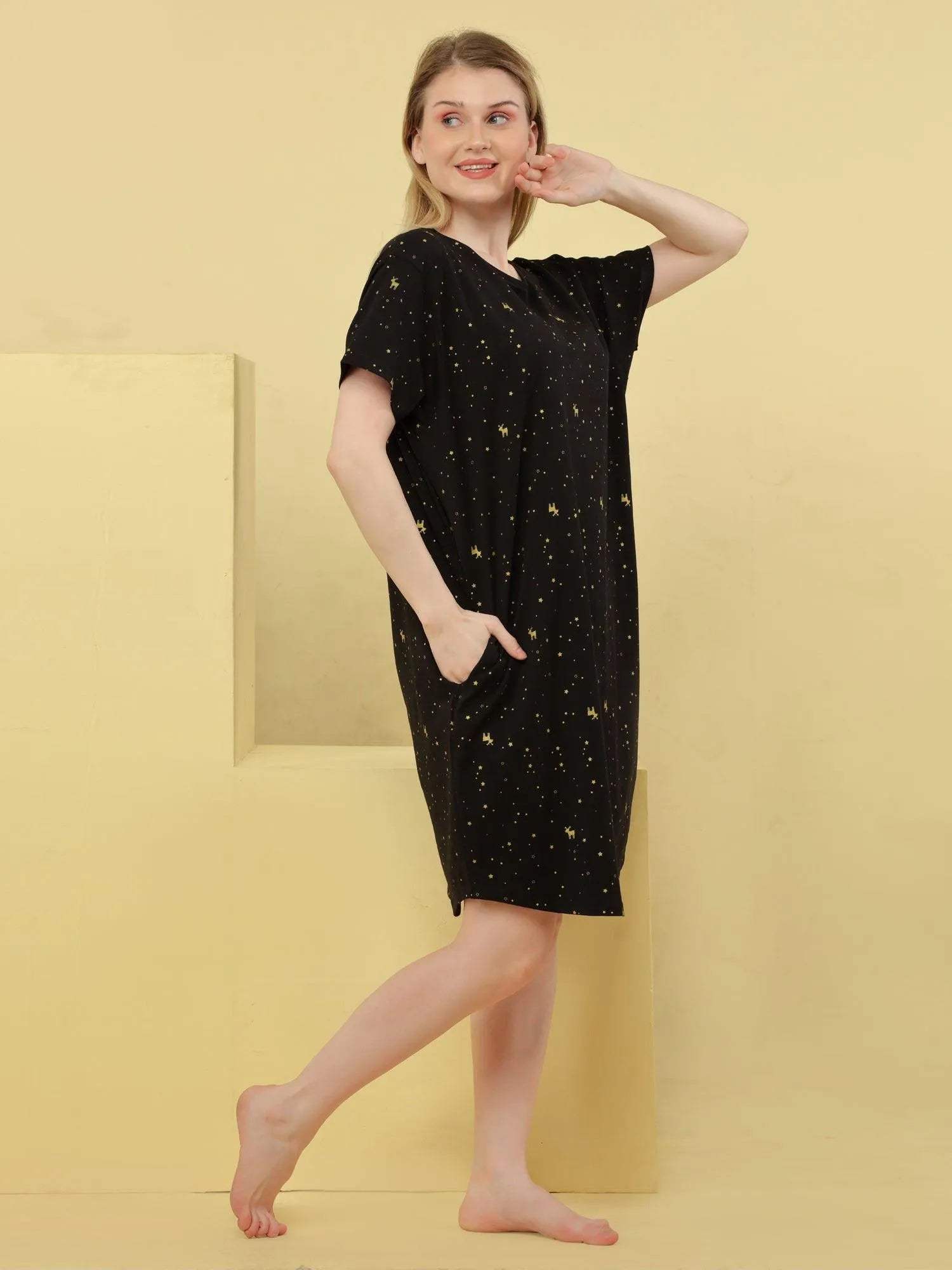 Reindeer Short Nighty (Relaxed Fit) - Velure - Short Nighty - Cotton, Half Sleeves, Knee Length, Printed, Round neck