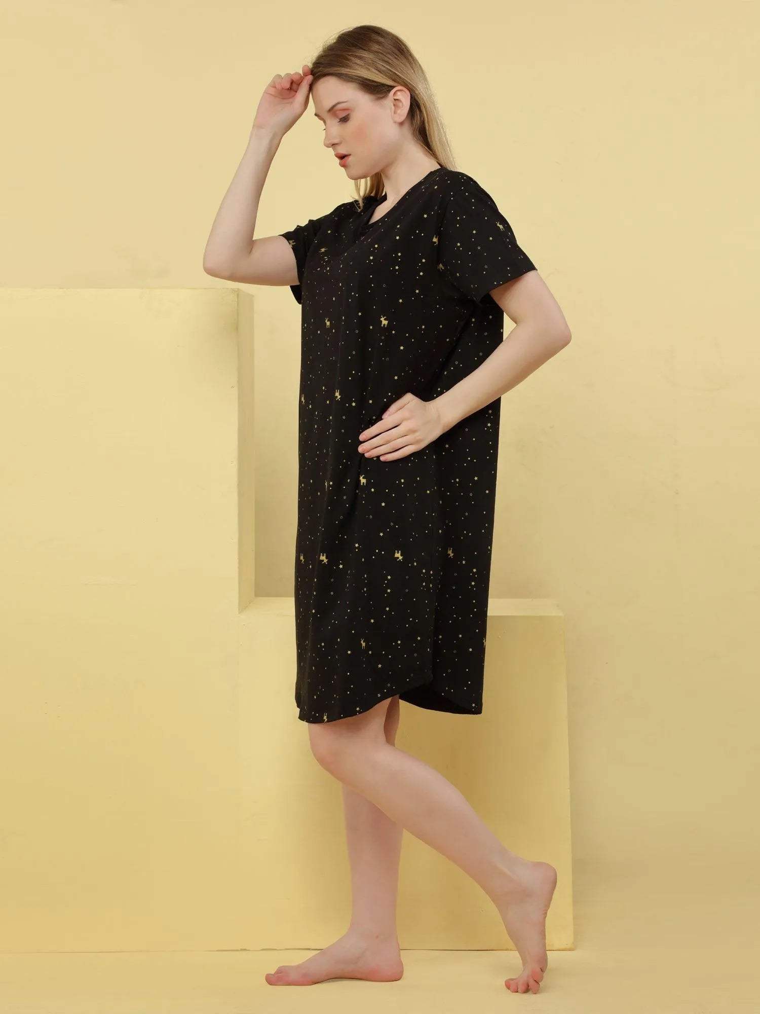 Reindeer Short Nighty (Relaxed Fit) - Velure - Short Nighty - Cotton, Half Sleeves, Knee Length, Printed, Round neck