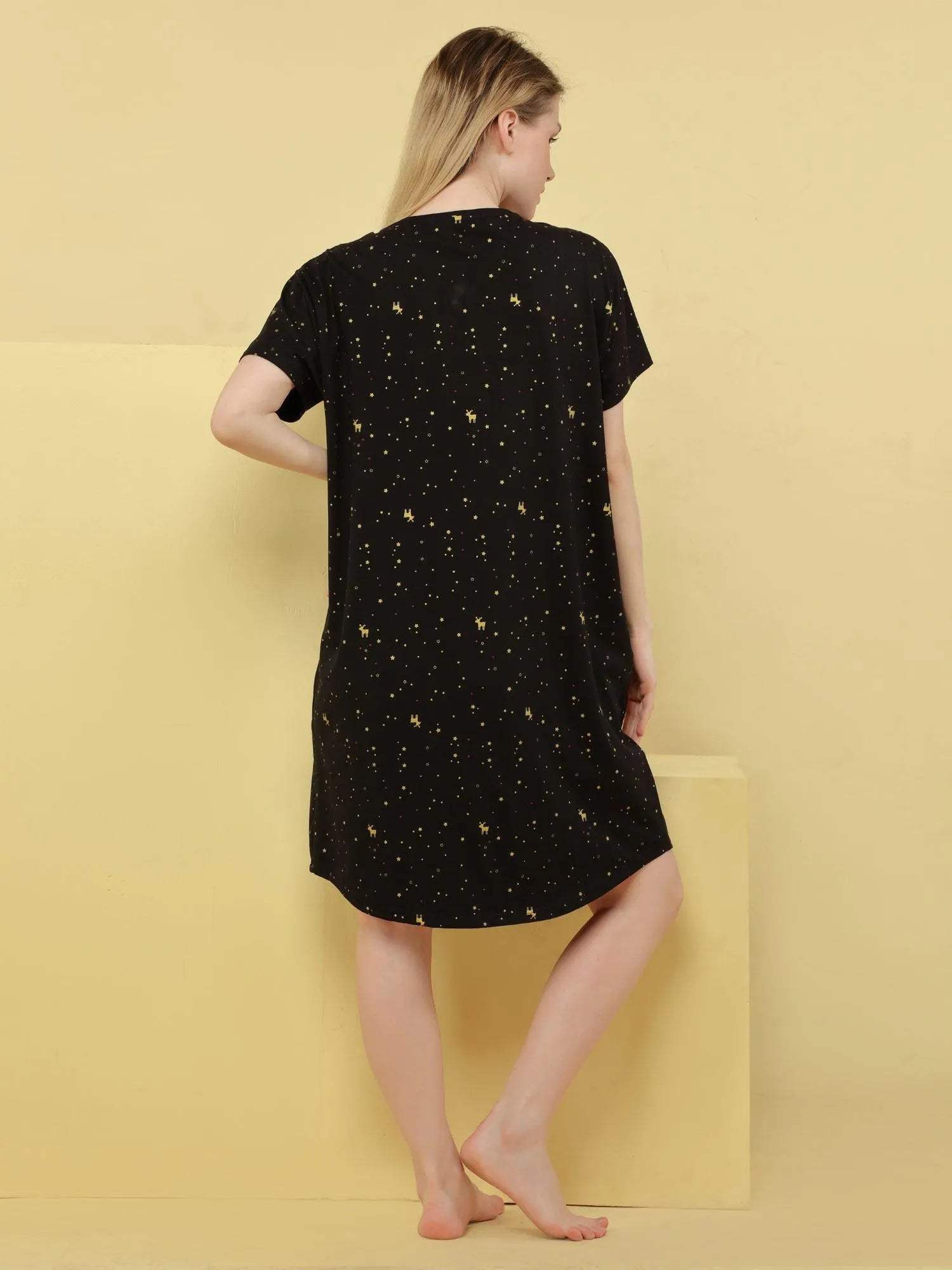 Reindeer Short Nighty (Relaxed Fit) - Velure - Short Nighty - Cotton, Half Sleeves, Knee Length, Printed, Round neck
