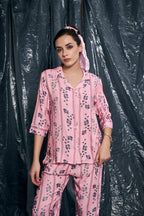 Velure Ethnic Floral Stripes Night Suit - Velure - - 3/4 Sleeves, Collar Neck, Cotton, Floral Print, Front Button Open, Full Length Pant