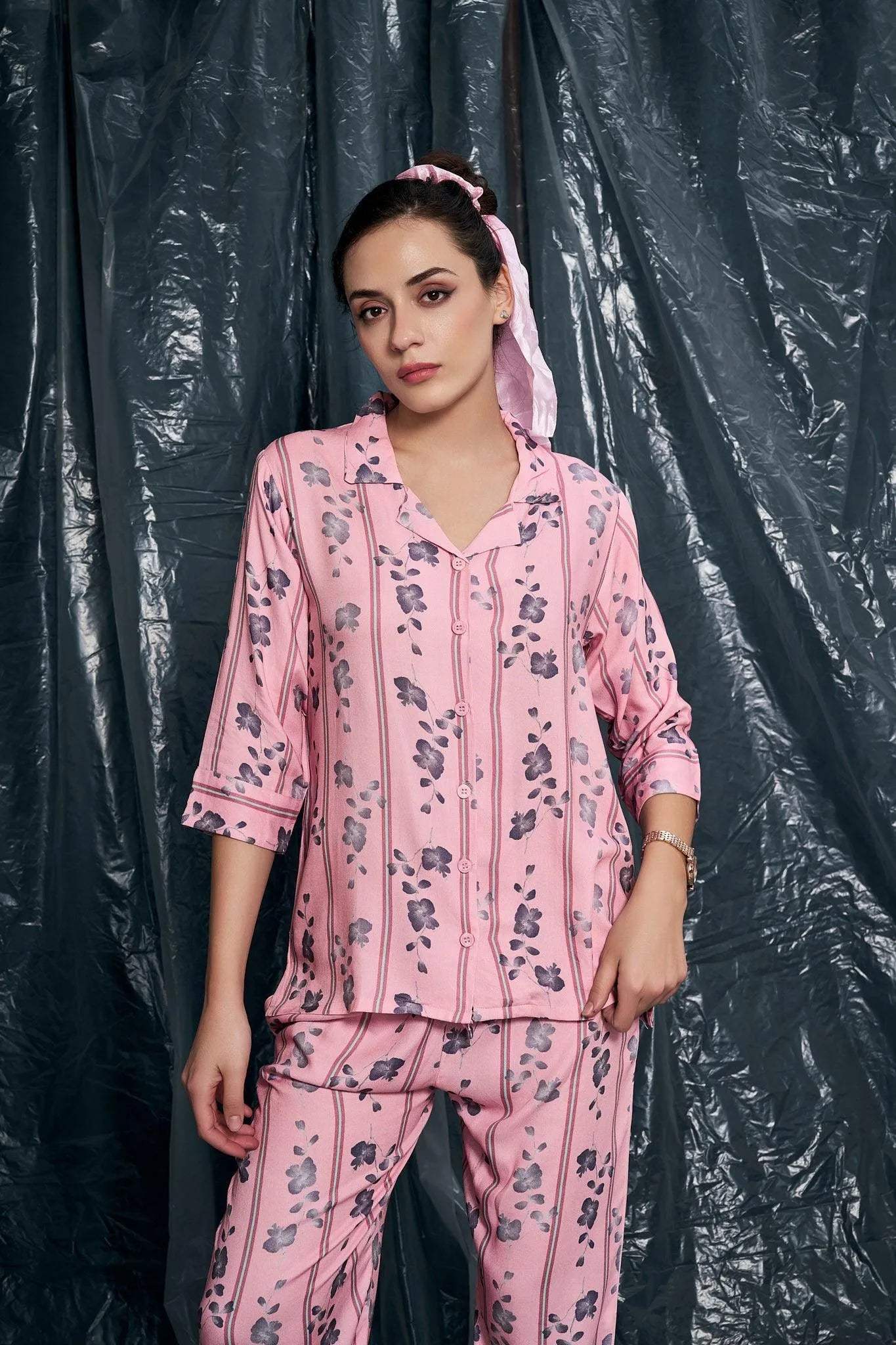 Velure Ethnic Floral Stripes Night Suit - Velure - - 3/4 Sleeves, Collar Neck, Cotton, Floral Print, Front Button Open, Full Length Pant