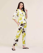 Velure Colourblock Satin Print Night Suit - Velure - - 3/4 Sleeves, Abstract Print, Collar Neck, Front Button Open, Full Length Pant, Satin