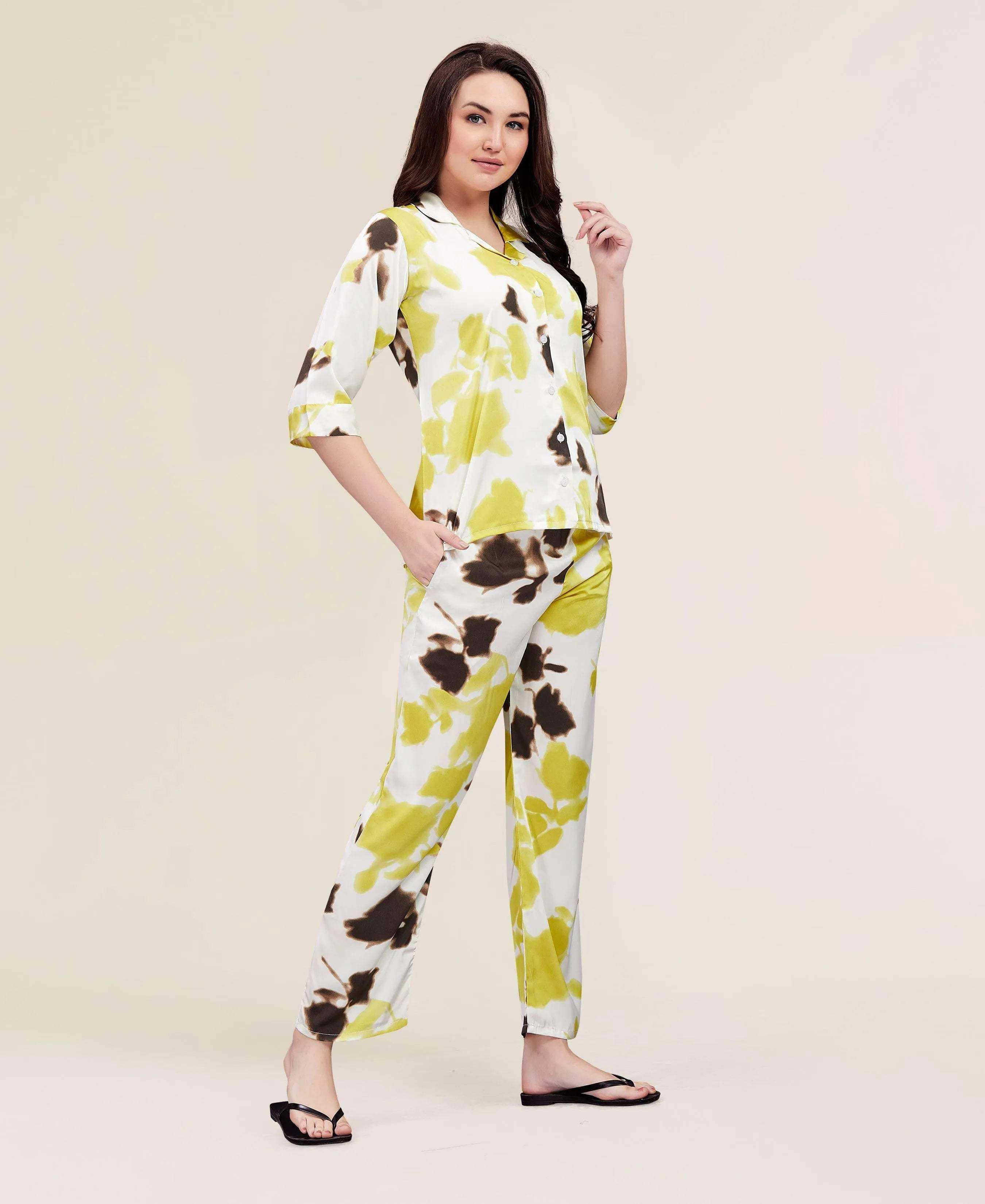 Velure Colourblock Satin Print Night Suit - Velure - - 3/4 Sleeves, Abstract Print, Collar Neck, Front Button Open, Full Length Pant, Satin