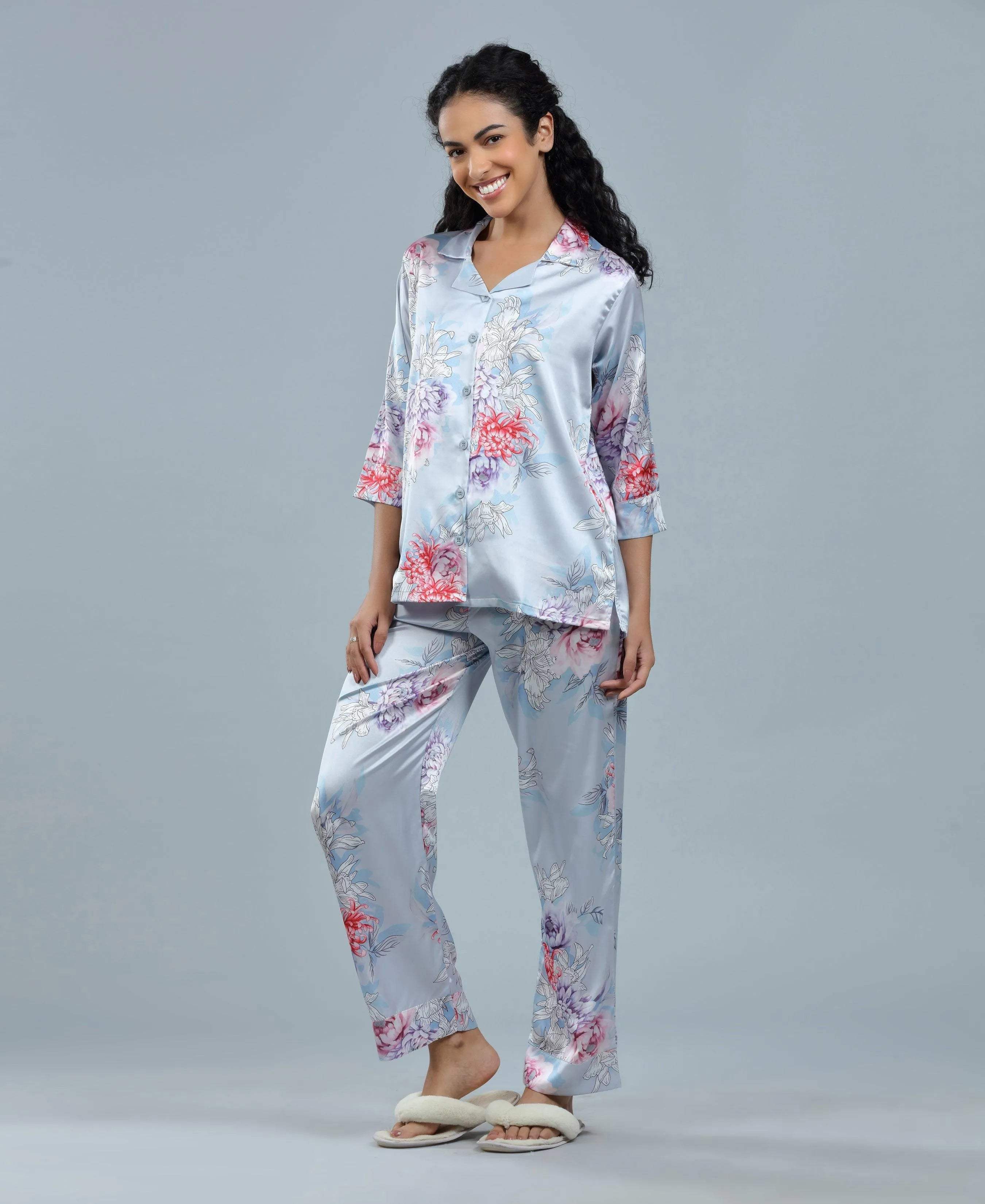 Lilac Floral Print Satin Night Suit - Velure - Shirt and Pant - 3/4 Sleeves, Collar Neck, Floral Print, Front Button Open, Full Length Pant, Satin