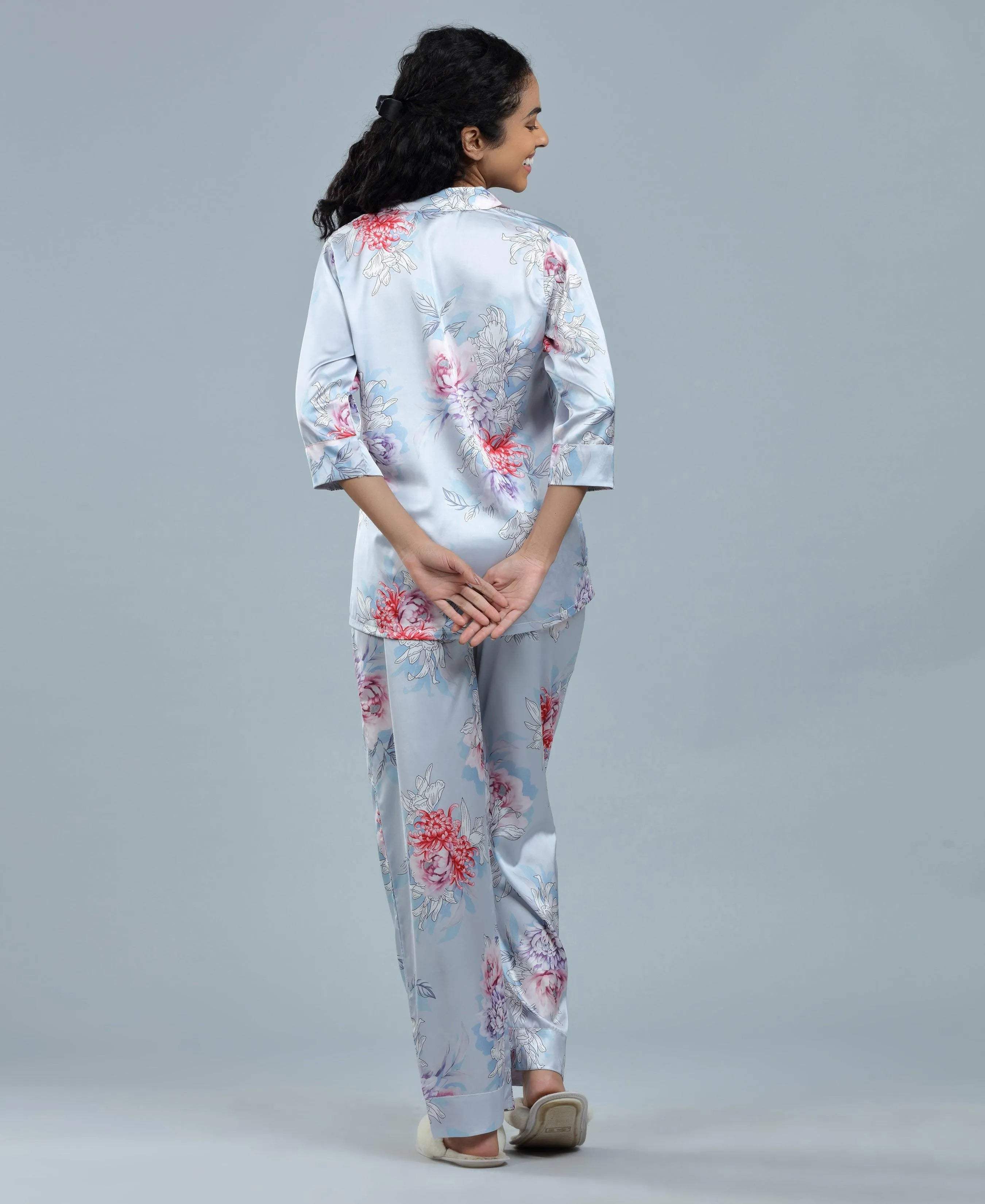 Lilac Floral Print Satin Night Suit - Velure - Shirt and Pant - 3/4 Sleeves, Collar Neck, Floral Print, Front Button Open, Full Length Pant, Satin