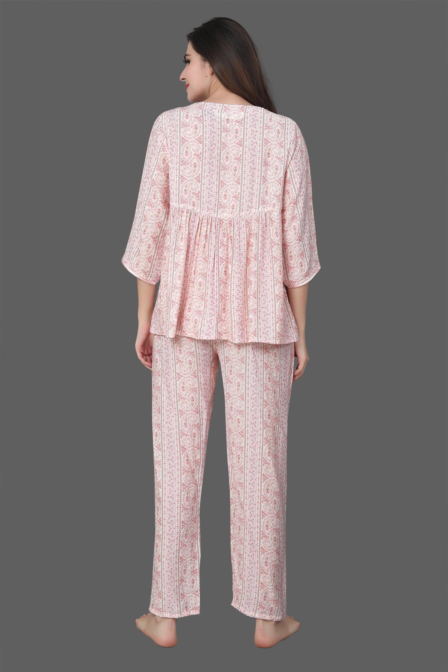 Velure Cream Abstract Print Frock-Style Night Suit - Velure - Long Top and Pant - 3/4 Sleeves, Frock Style, Full Length Pants, Linen, V Neck