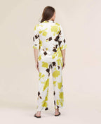 Velure Colourblock Satin Print Night Suit - Velure - - 3/4 Sleeves, Abstract Print, Collar Neck, Front Button Open, Full Length Pant, Satin