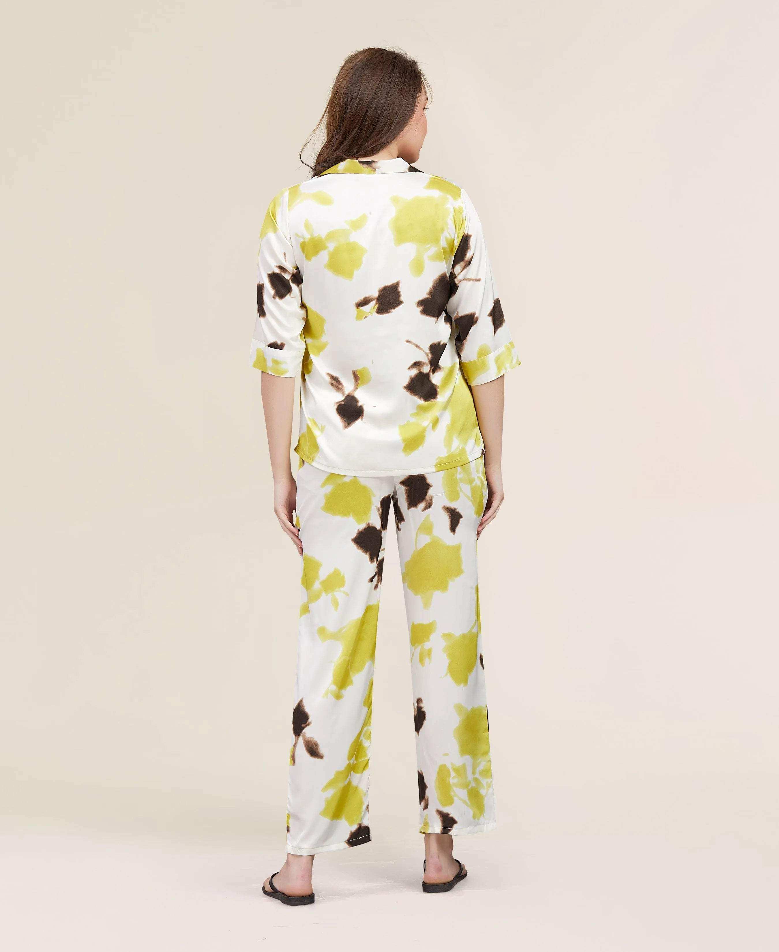 Velure Colourblock Satin Print Night Suit - Velure - - 3/4 Sleeves, Abstract Print, Collar Neck, Front Button Open, Full Length Pant, Satin