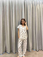 Nutella Night Suit - Velure - T-Shirt and Pant - Cotton Satin, Full Length Pant, Half Sleeves, Printed, V Neck