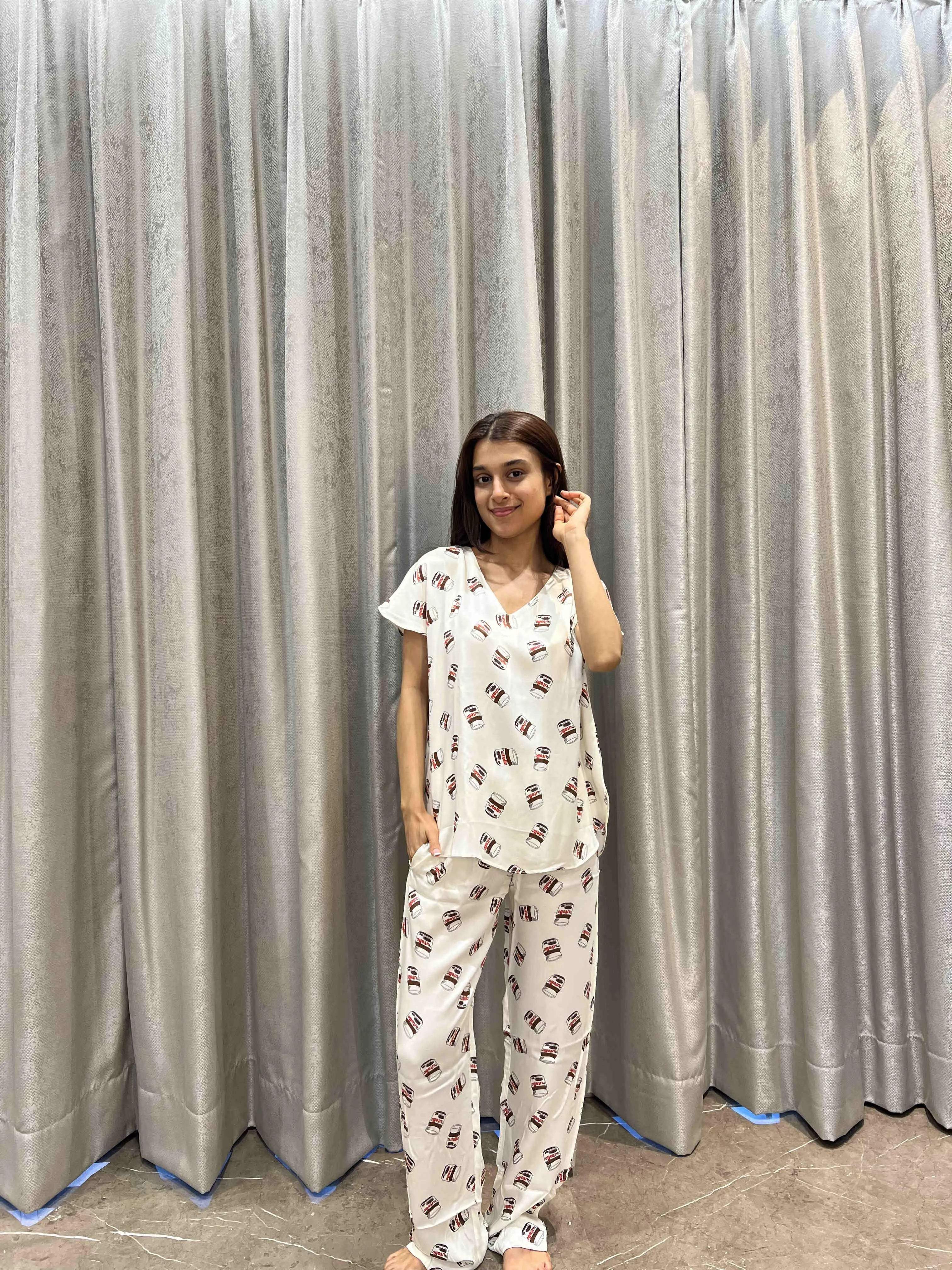 Nutella Night Suit - Velure - T-Shirt and Pant - Cotton Satin, Full Length Pant, Half Sleeves, Printed, V Neck