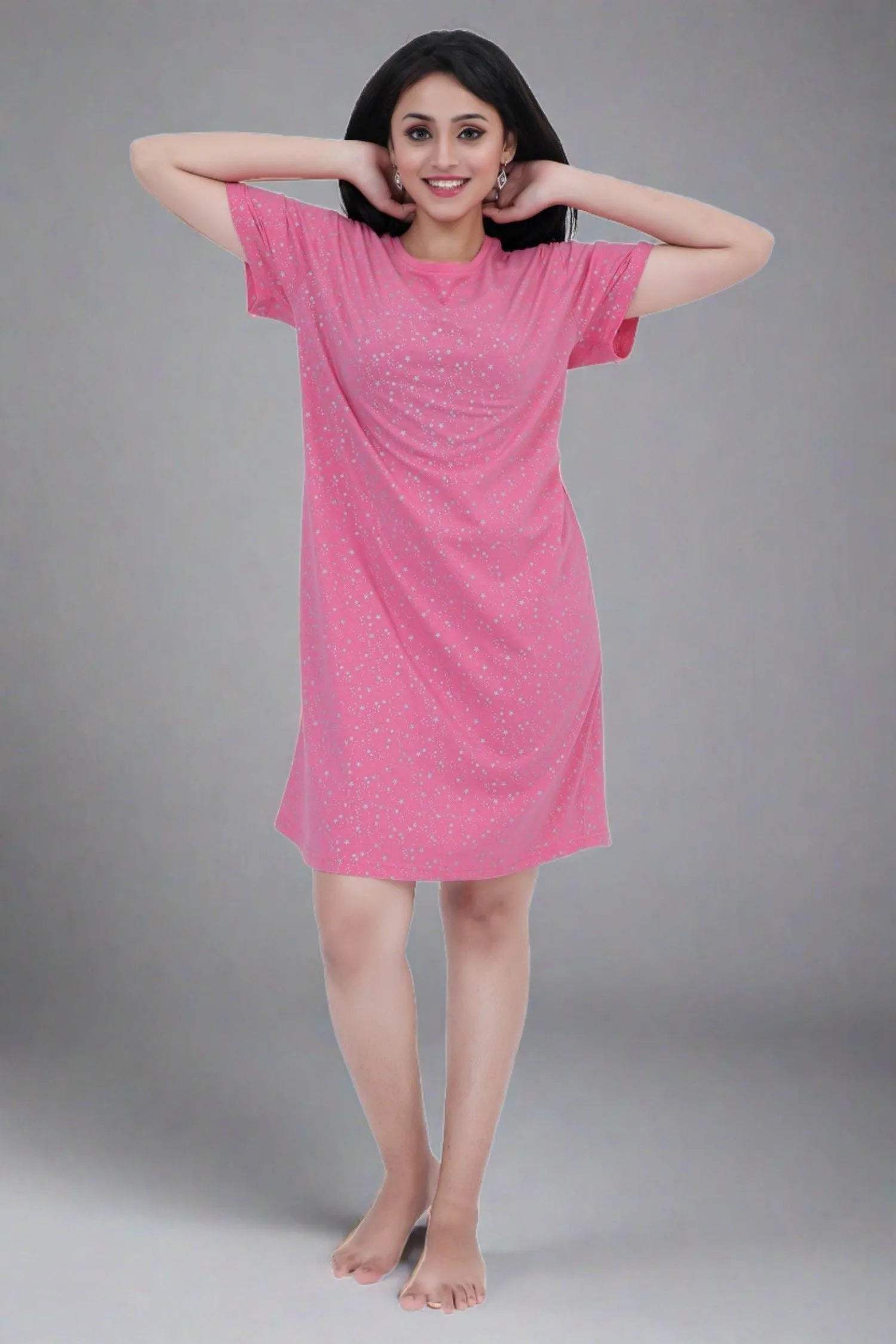 Stars Short Nighty - Velure - Short Nighty - Cotton, Half Sleeves, Knee Length, Printed, Round neck