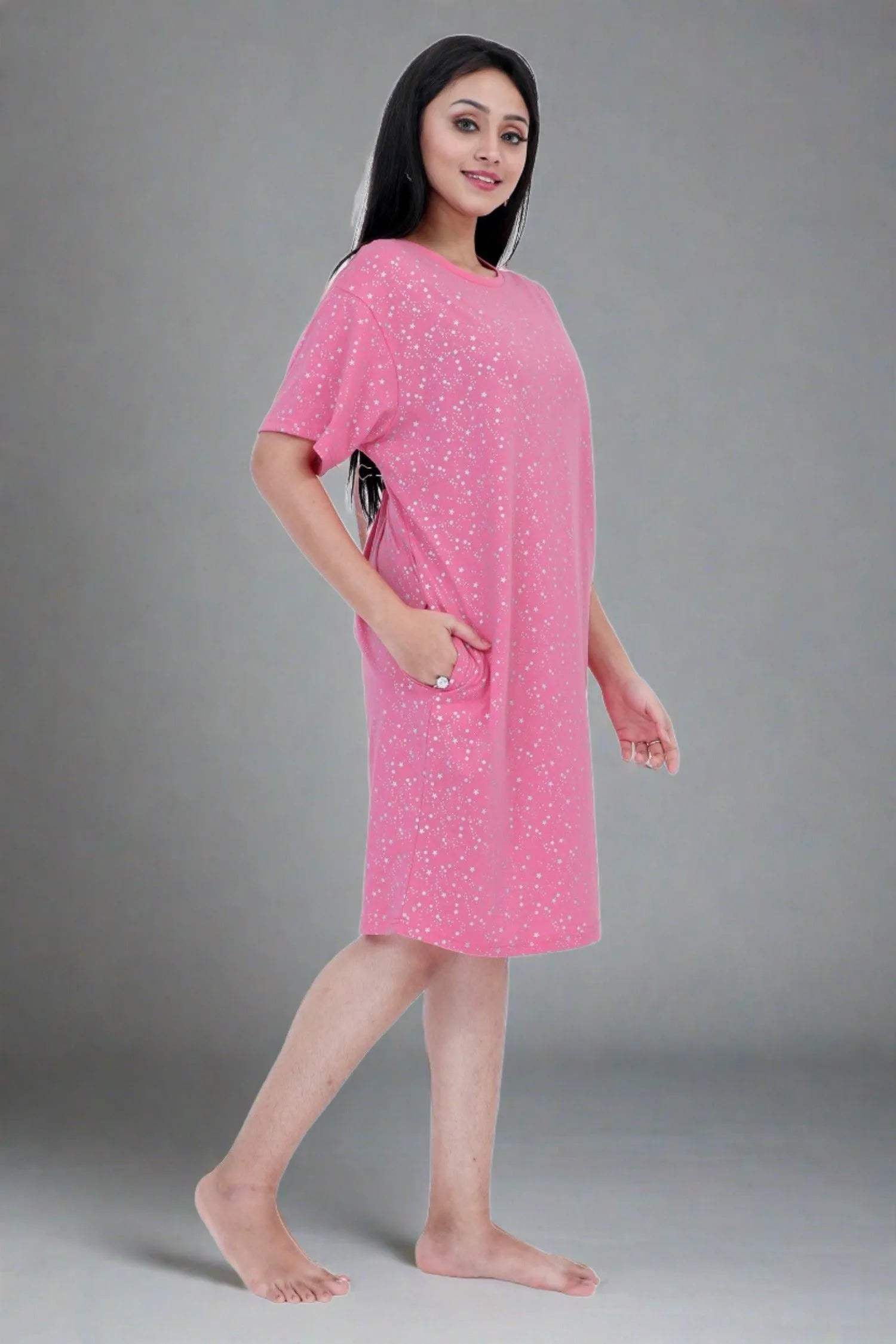 Stars Short Nighty - Velure - Short Nighty - Cotton, Half Sleeves, Knee Length, Printed, Round neck