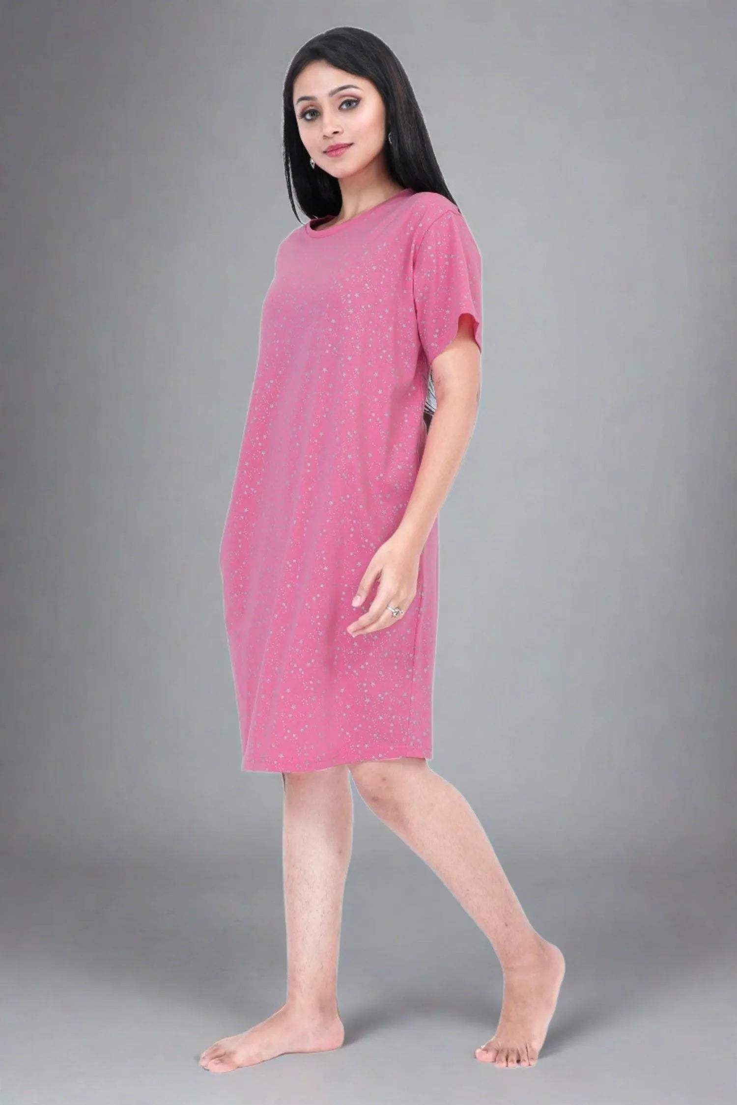 Stars Short Nighty - Velure - Short Nighty - Cotton, Half Sleeves, Knee Length, Printed, Round neck