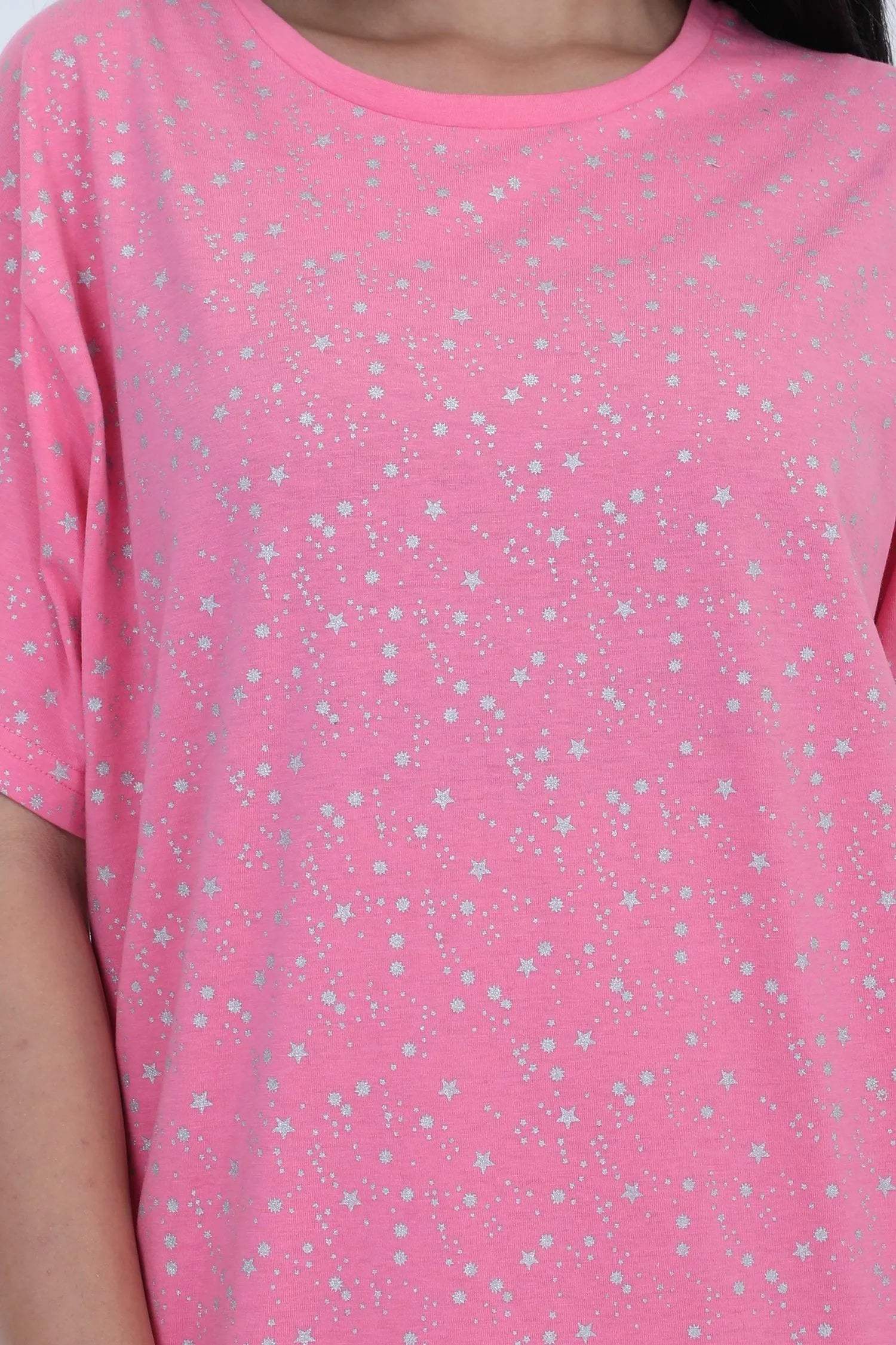 Stars Short Nighty - Velure - Short Nighty - Cotton, Half Sleeves, Knee Length, Printed, Round neck