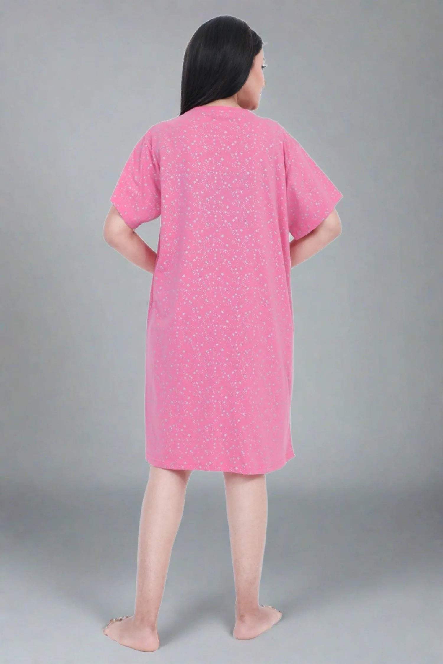Stars Short Nighty - Velure - Short Nighty - Cotton, Half Sleeves, Knee Length, Printed, Round neck