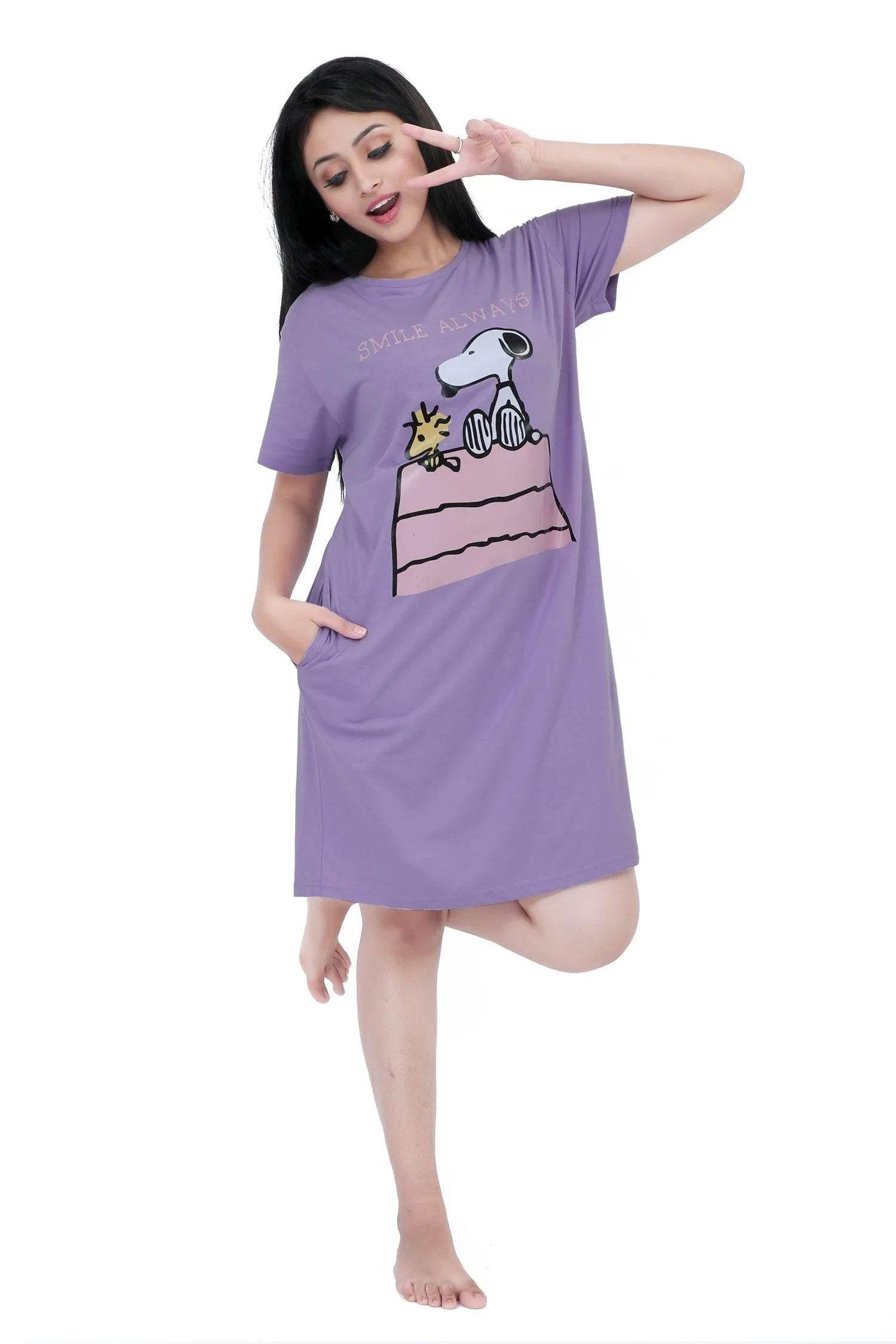 Snoopy Dog Cartoon Short Nighty - Velure - Short Nighty - Cotton, Half Sleeves, Knee Length, Printed, Round neck