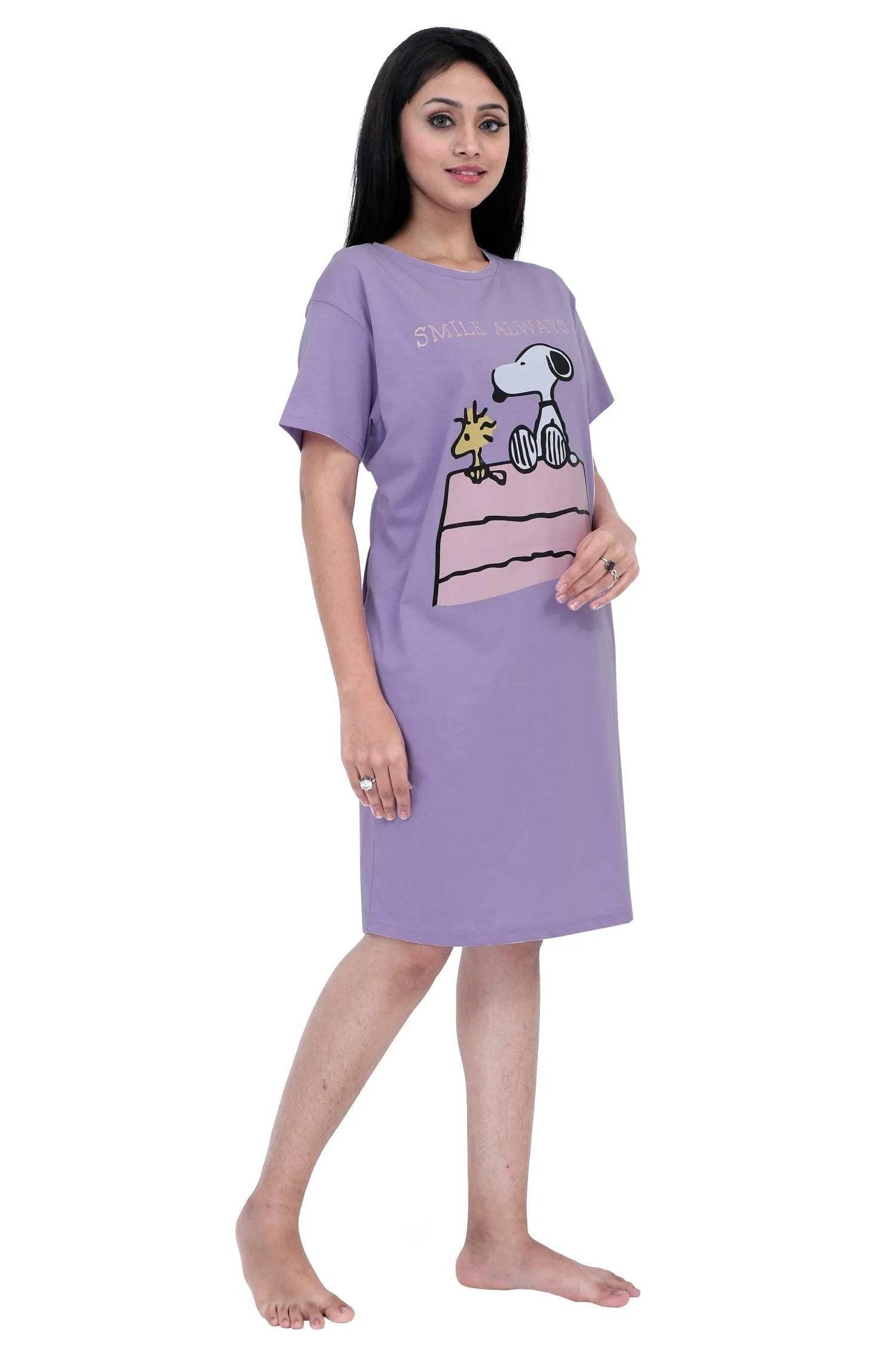 Snoopy Dog Cartoon Short Nighty - Velure - Short Nighty - Cotton, Half Sleeves, Knee Length, Printed, Round neck