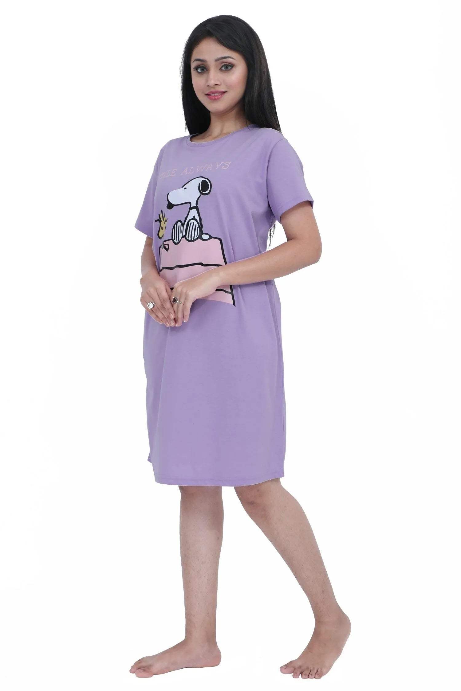 Snoopy Dog Cartoon Short Nighty - Velure - Short Nighty - Cotton, Half Sleeves, Knee Length, Printed, Round neck