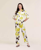 Velure Colourblock Satin Print Night Suit - Velure - - 3/4 Sleeves, Abstract Print, Collar Neck, Front Button Open, Full Length Pant, Satin
