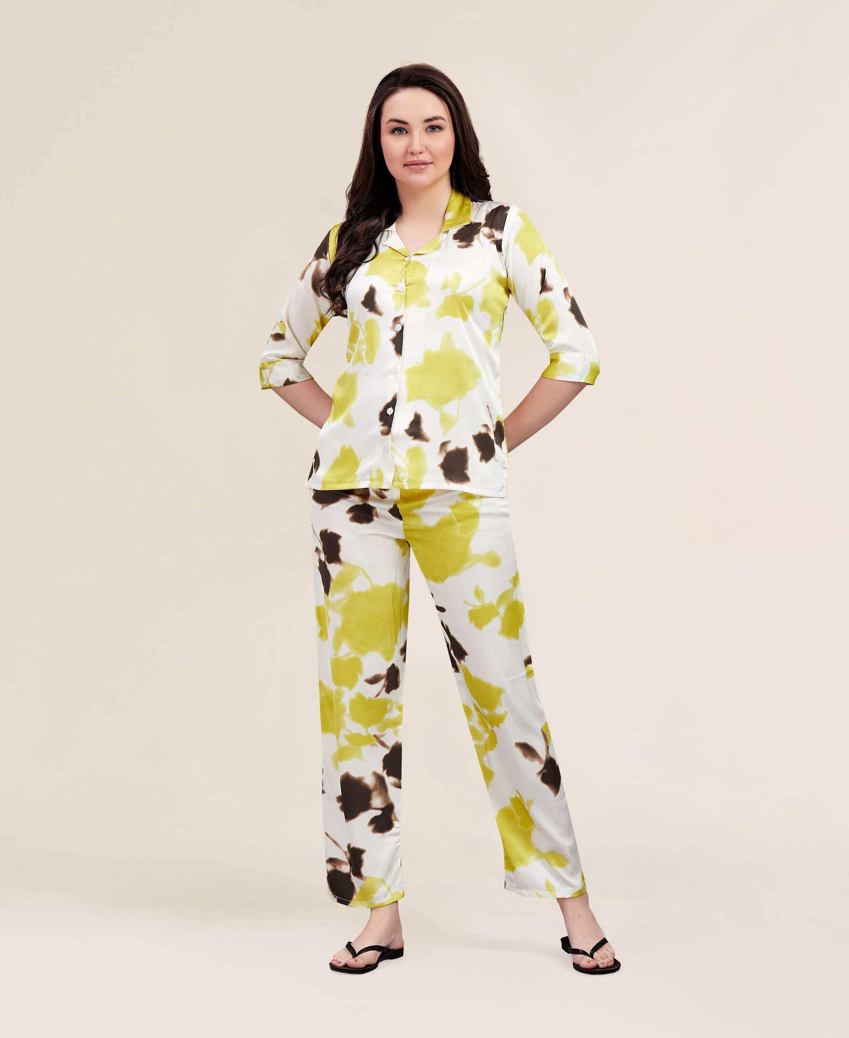 Velure Colourblock Satin Print Night Suit - Velure - - 3/4 Sleeves, Abstract Print, Collar Neck, Front Button Open, Full Length Pant, Satin