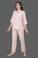 Velure Cream Abstract Print Frock-Style Night Suit - Velure - Long Top and Pant - 3/4 Sleeves, Frock Style, Full Length Pants, Linen, V Neck