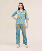 Velure Vintage Floral Satin Print Night Suit - Velure - - 3/4 Sleeves, Collar Neck, Floral Print, Front Button Open, Full Length Pant, Satin