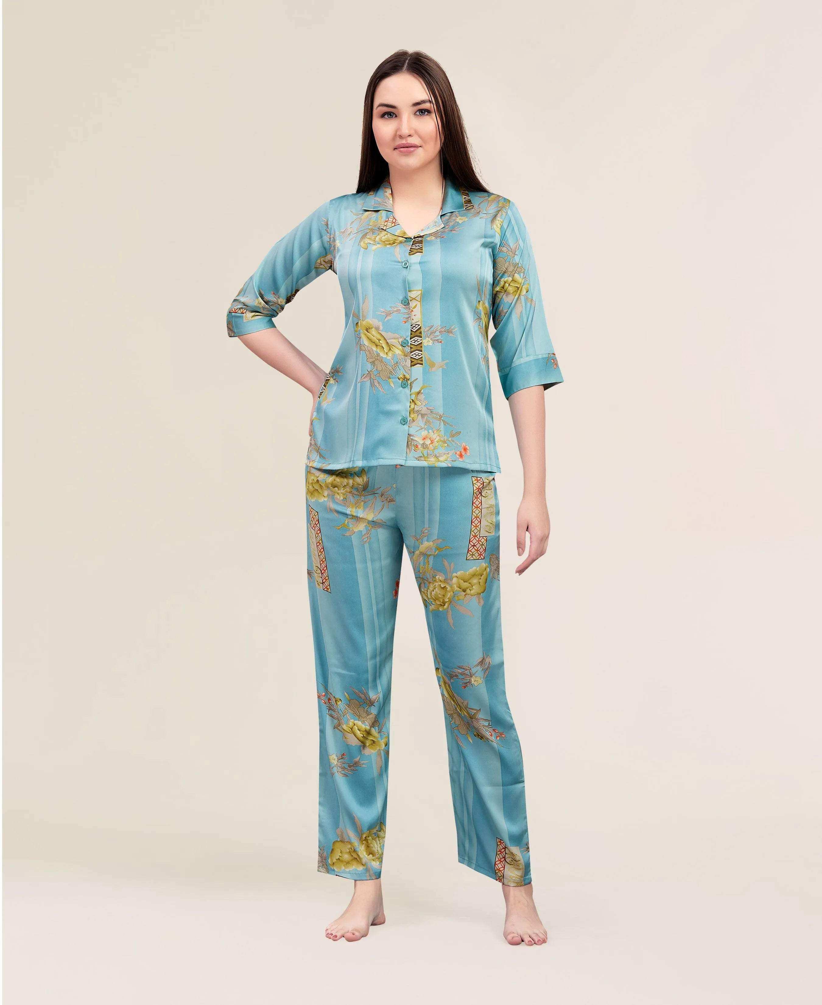Velure Vintage Floral Satin Print Night Suit - Velure - - 3/4 Sleeves, Collar Neck, Floral Print, Front Button Open, Full Length Pant, Satin