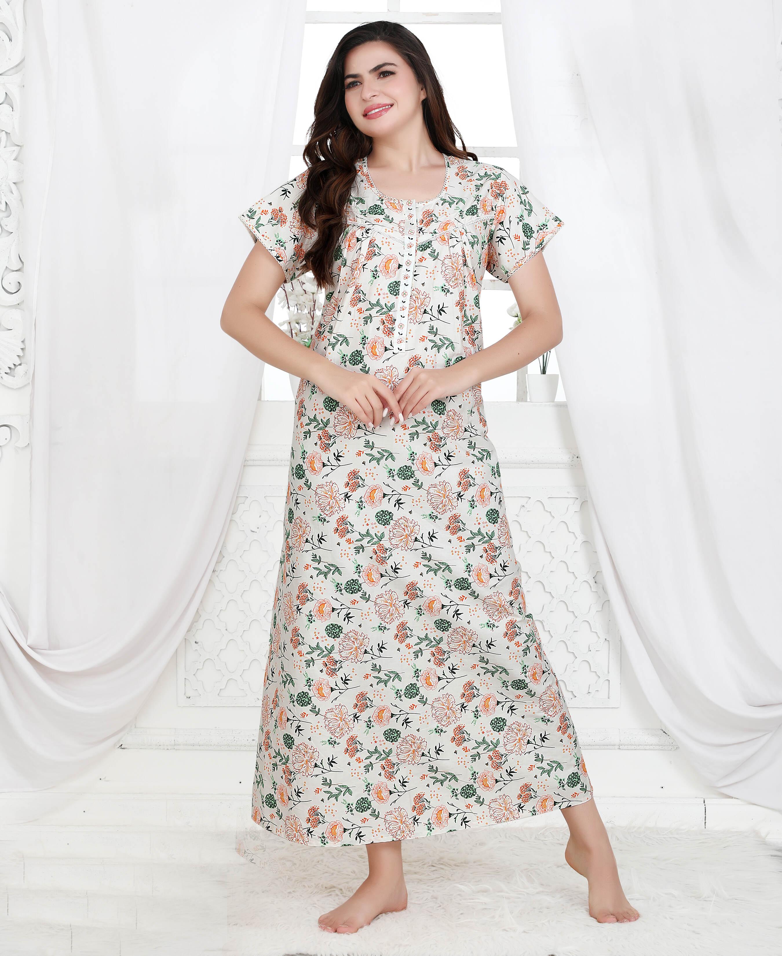 Velure Classic Floral Print Cotton Nighty - Velure - Nighty - Cotton, Full Length Nighty, Half Sleeves Nighty, Round neck Nighty