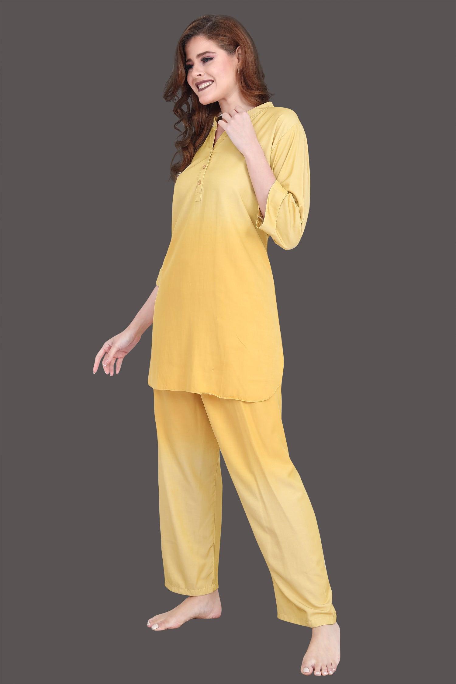 Velure Cool Dual Shade Kurti Style Night Suit - Velure - Long Top and Pant - 3/4 Sleeves, Collar Neck, Cotton, Front Button Open, Full Length Pant