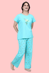 Velure Dazzling Floral Print Pajama Set - Velure - T-Shirt and Pant - Cotton Lycra Fabric, Floral Print, Full Length Pant, Half Sleeves, Round neck nightsuit