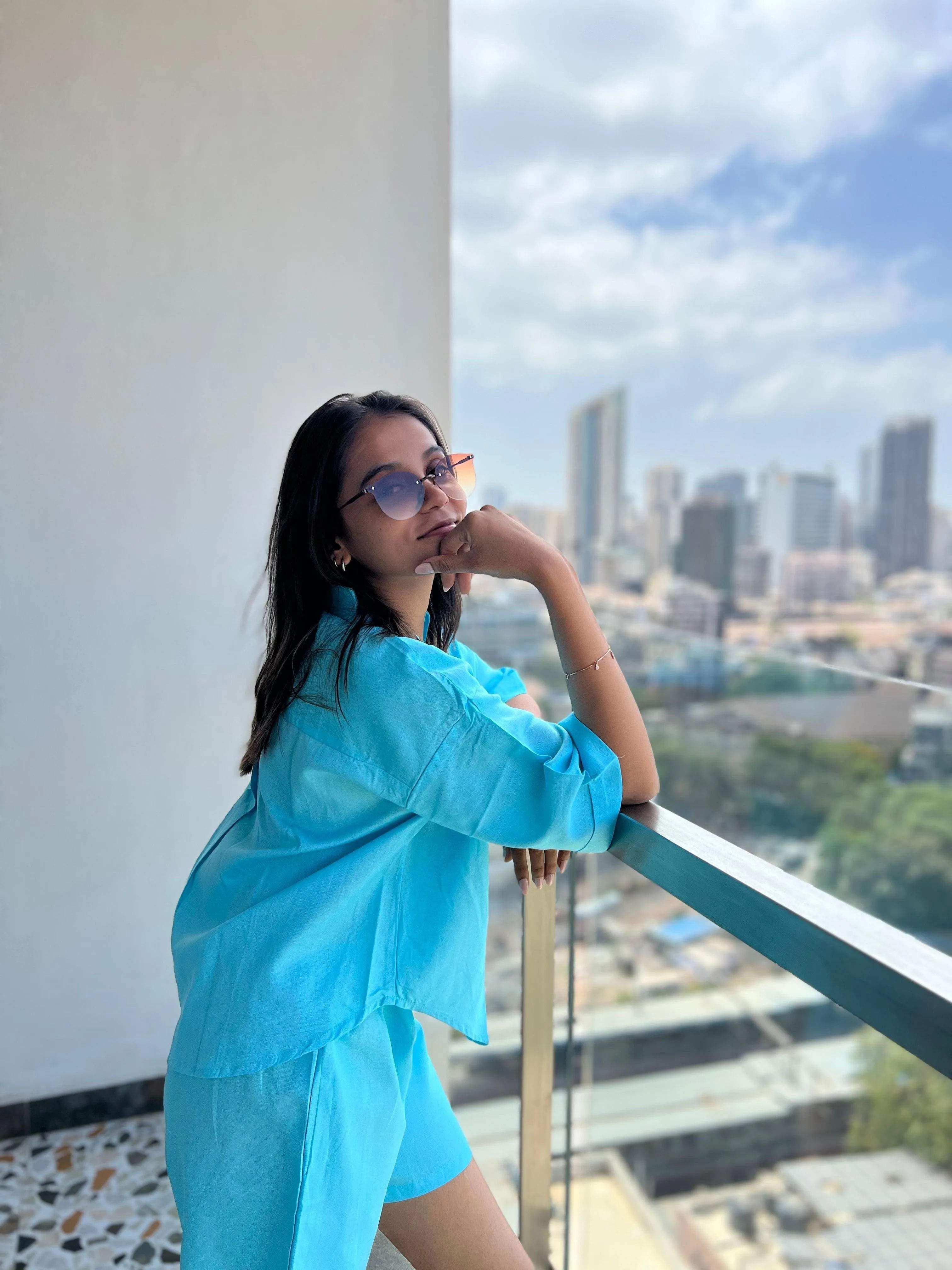 Velure Chic Blue Shorts - Velure - - Collar Neck, Half Sleeves, Oversized fit, Shorts