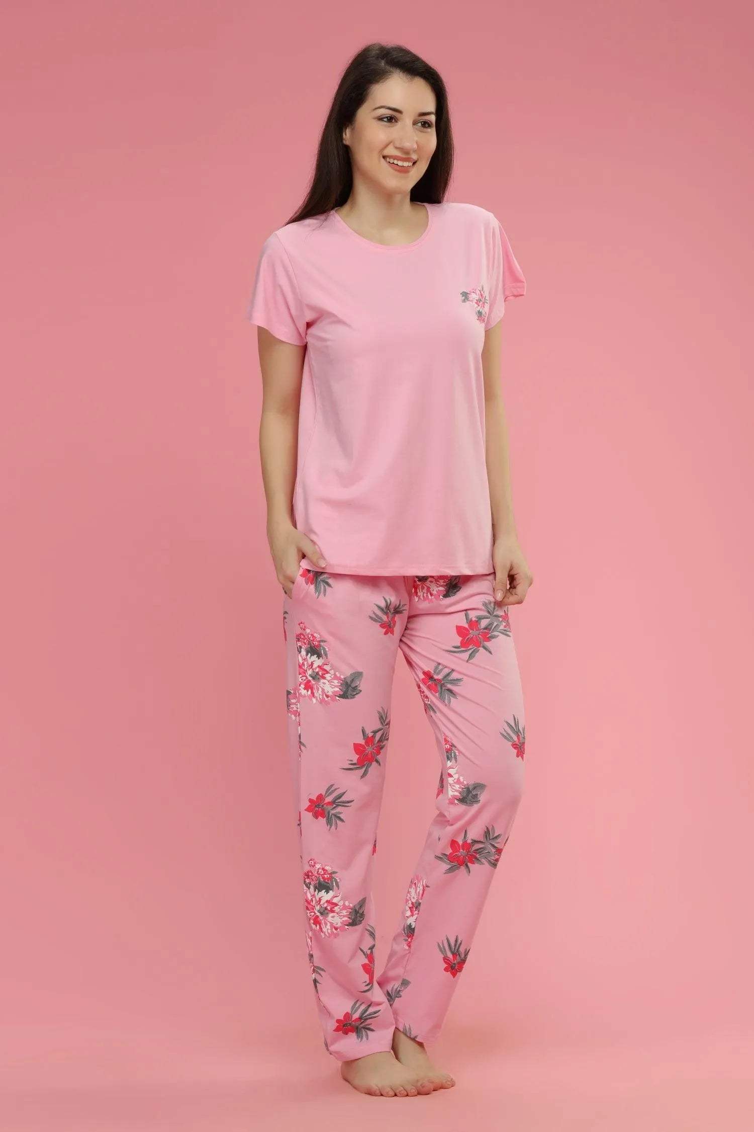 Velure Jazzy Floral Print Night Suit - Velure - Shirt and Pant - Cotton, Floral Print, Full Length Pant, Half Sleeves, Round neck