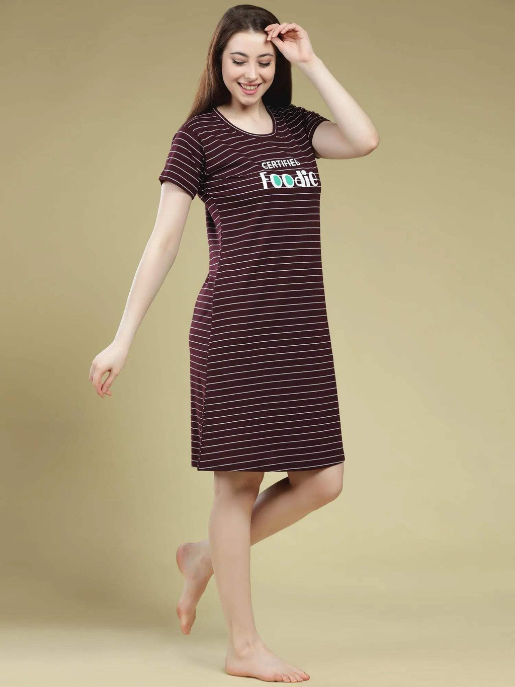 Pleasing Stripes Short Nighty - Velure - Short Nighty - Cotton, Half Sleeves, Knee Length, Printed, Round neck