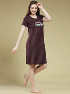 Pleasing Stripes Short Nighty - Velure - Short Nighty - Cotton, Half Sleeves, Knee Length, Printed, Round neck