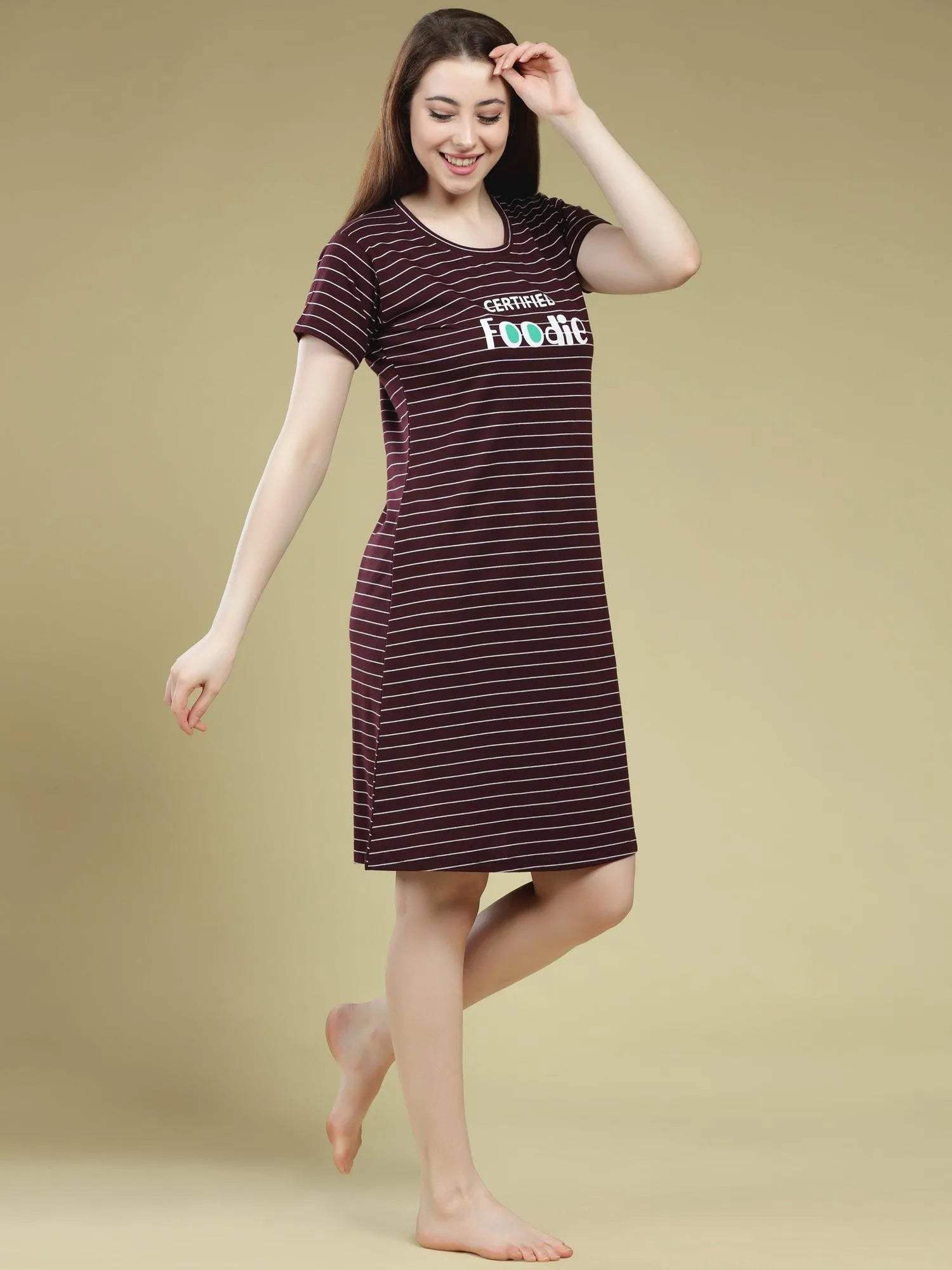 Pleasing Stripes Short Nighty - Velure - Short Nighty - Cotton, Half Sleeves, Knee Length, Printed, Round neck