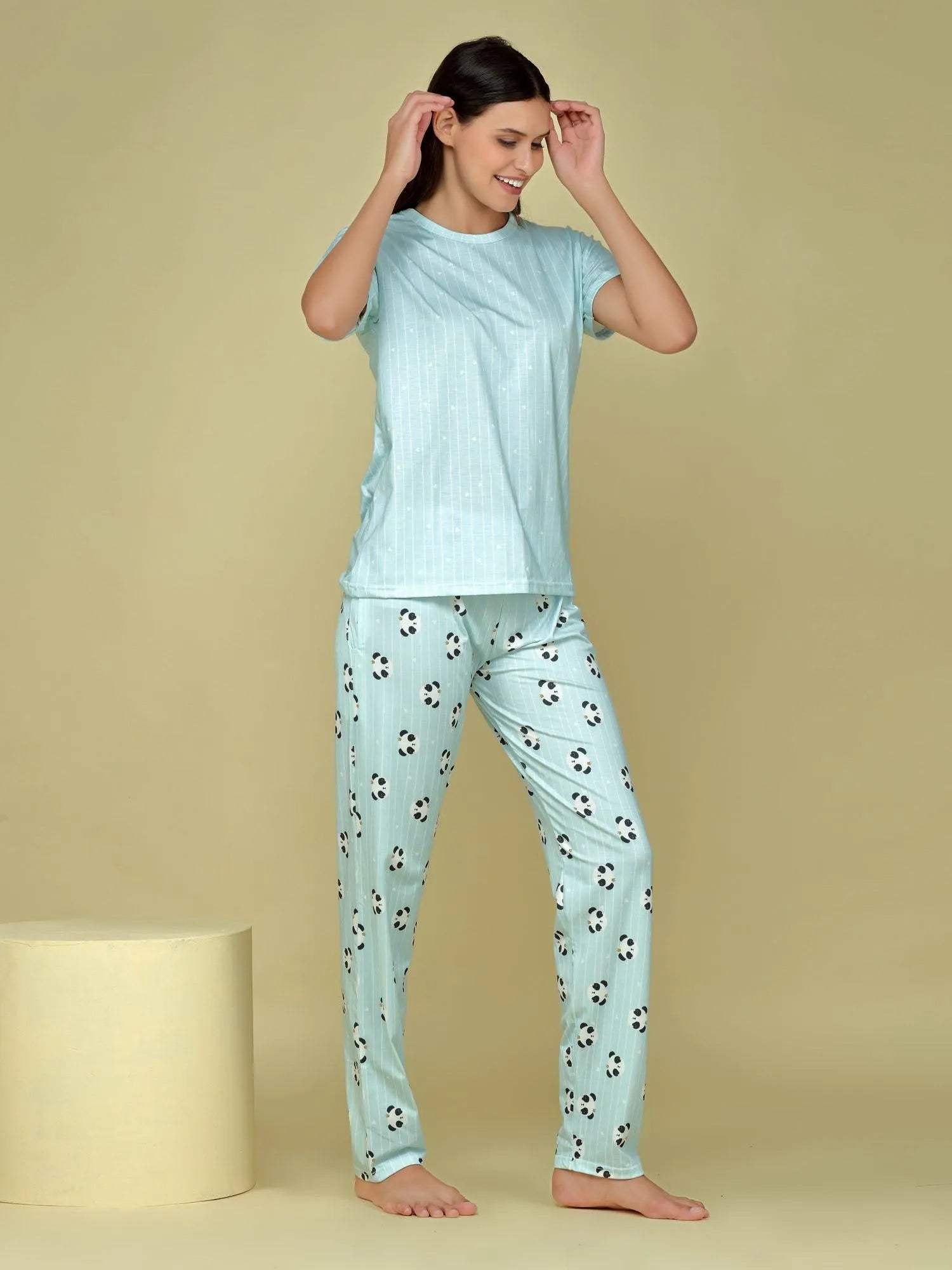 Velure Cute Panda Print Pajama Set - Velure - T-Shirt and Pants - Cotton, Full Length Pant, Half Sleeves, Printed, Round neck