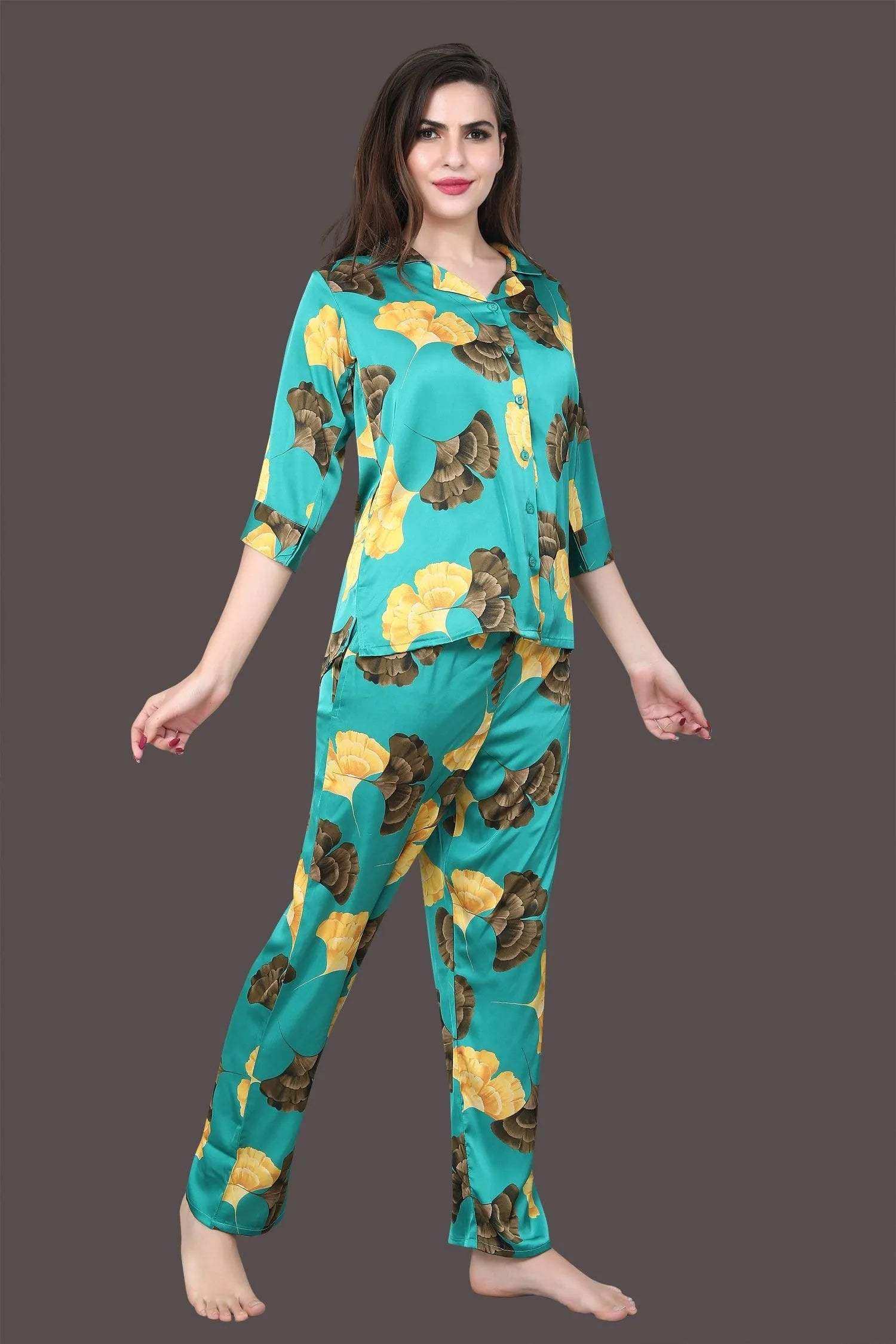 Velure Bold Abstract Floral Satin Night Suit - Velure - - 3/4 Sleeves, Abstract Print, Collar Neck, Front Button Open, Full Length Pants, Satin