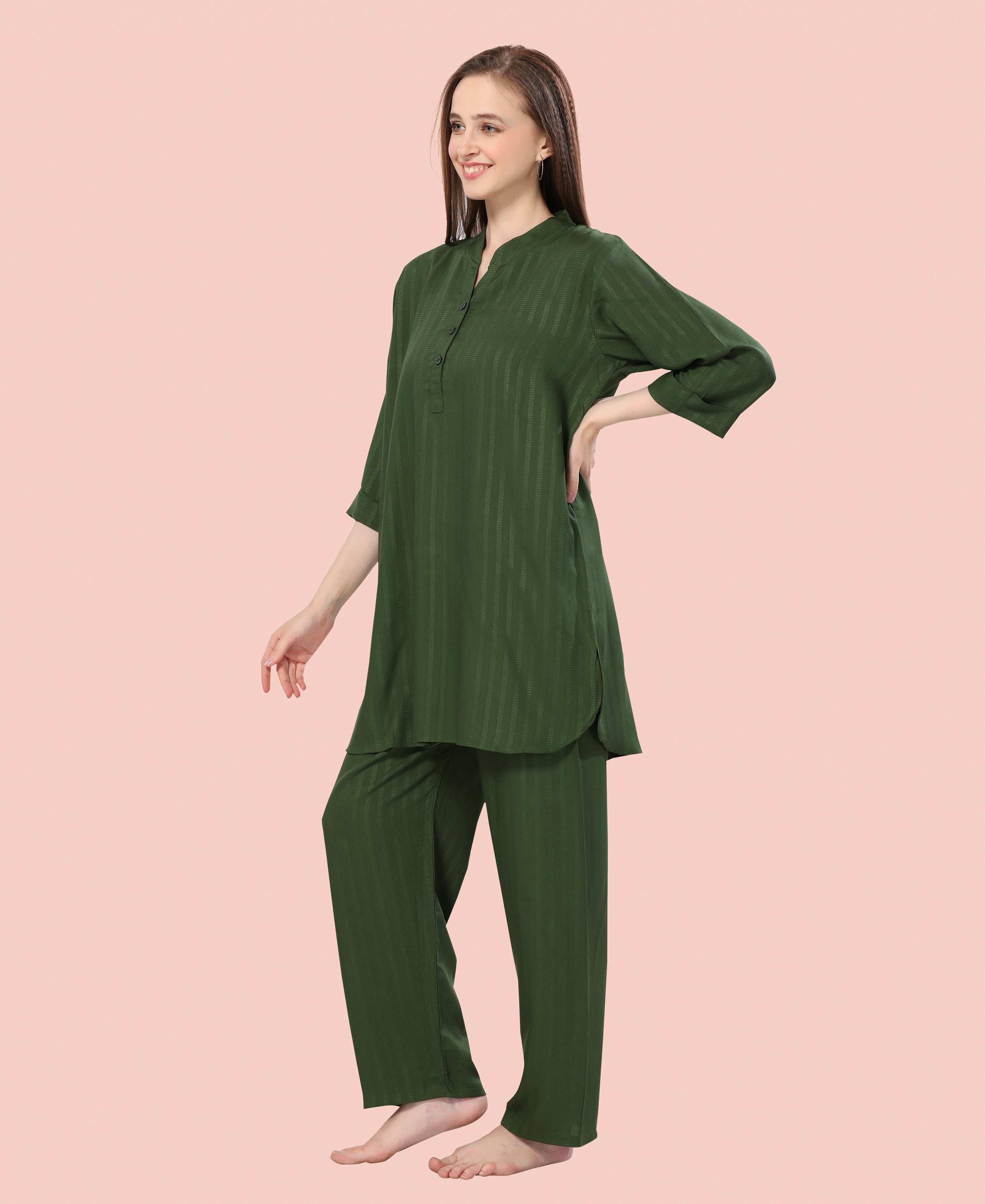 Velure Classic Green Kurti Style Night Suit - Velure - - 3/4 Sleeves, Collar Neck, Cotton, Front Button Open, Full Length Pant