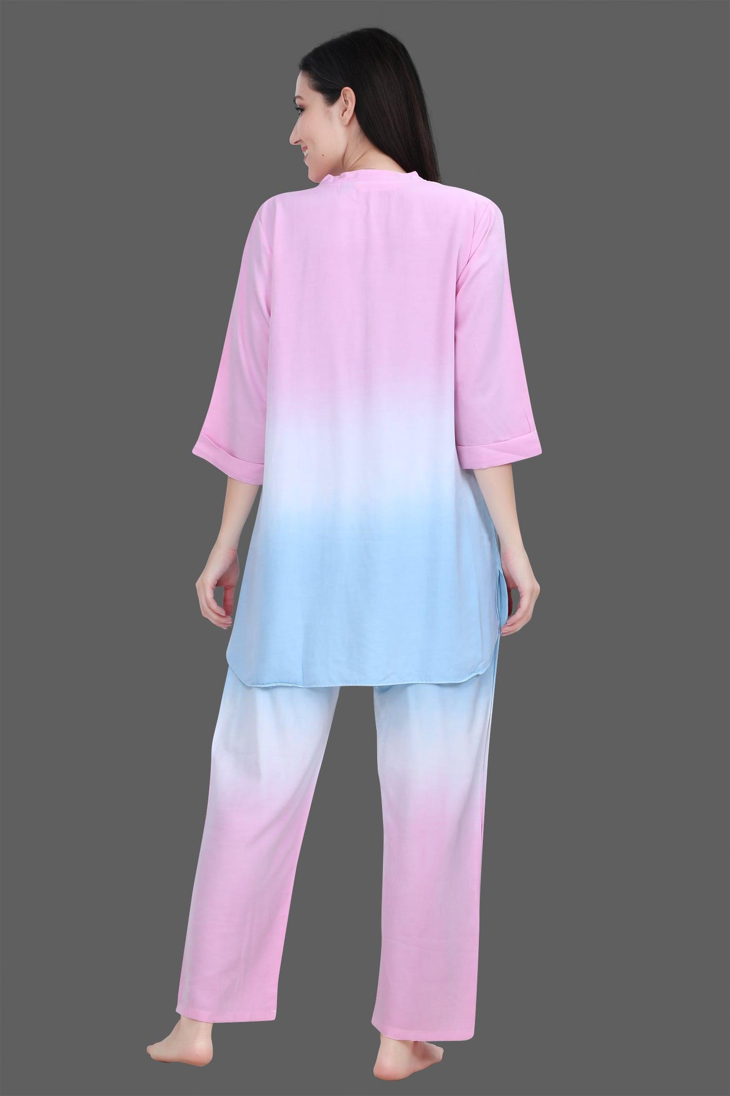 Velure Pink Sleek Dual Shade Kurti Style Night Suit - Velure - Long Top and Pant - 3/4 Sleeves, Collar Night Suit, Cotton, Full Length Pant, Long Top Night Suit