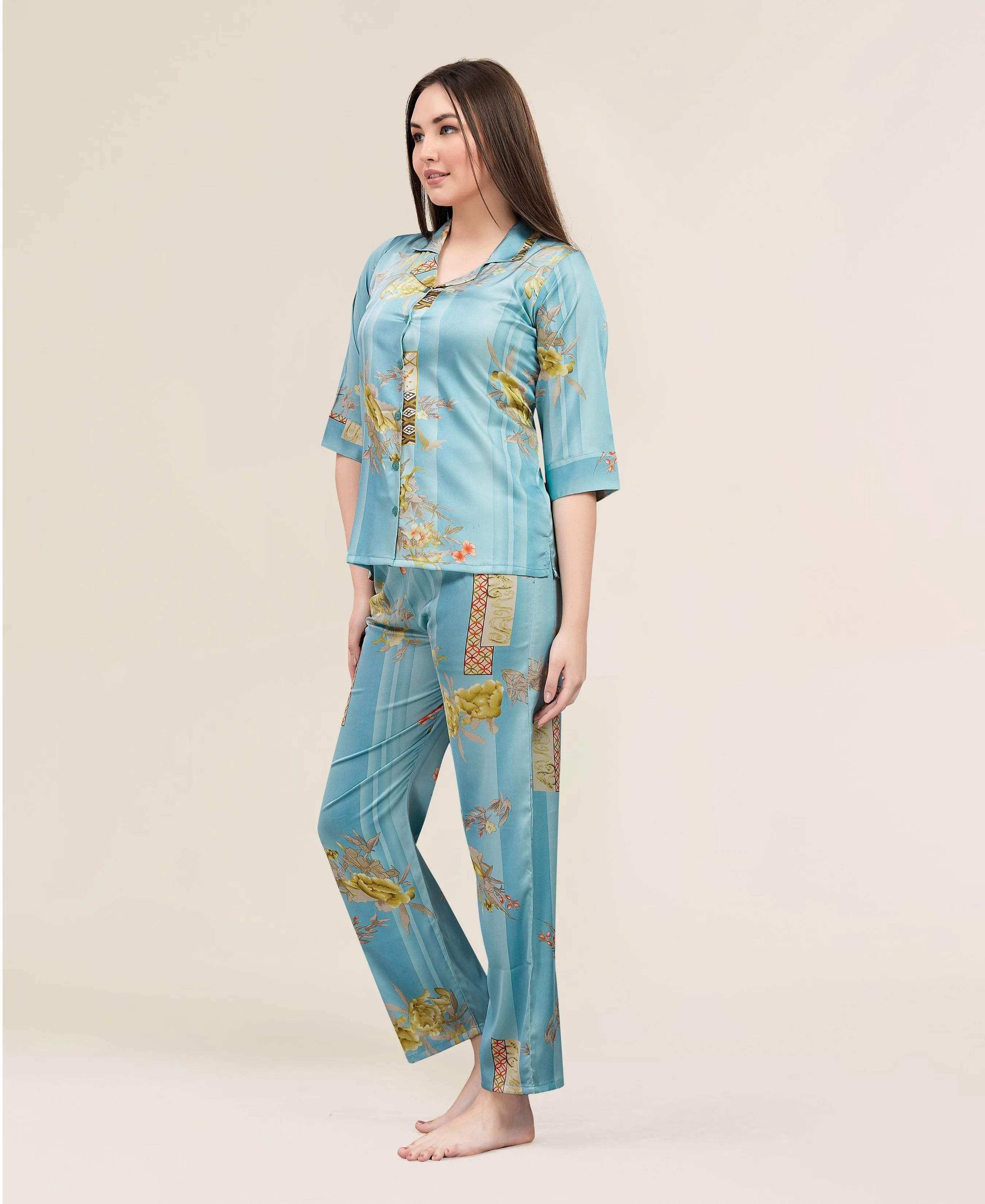 Velure Vintage Floral Satin Print Night Suit - Velure - - 3/4 Sleeves, Collar Neck, Floral Print, Front Button Open, Full Length Pant, Satin