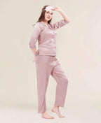 Velure Flerry Red Satin Night Suit - Velure - - 3/4 Sleeves, Collar Neck, Eye Mask, Front Button Open, Full Length Pant, Satin