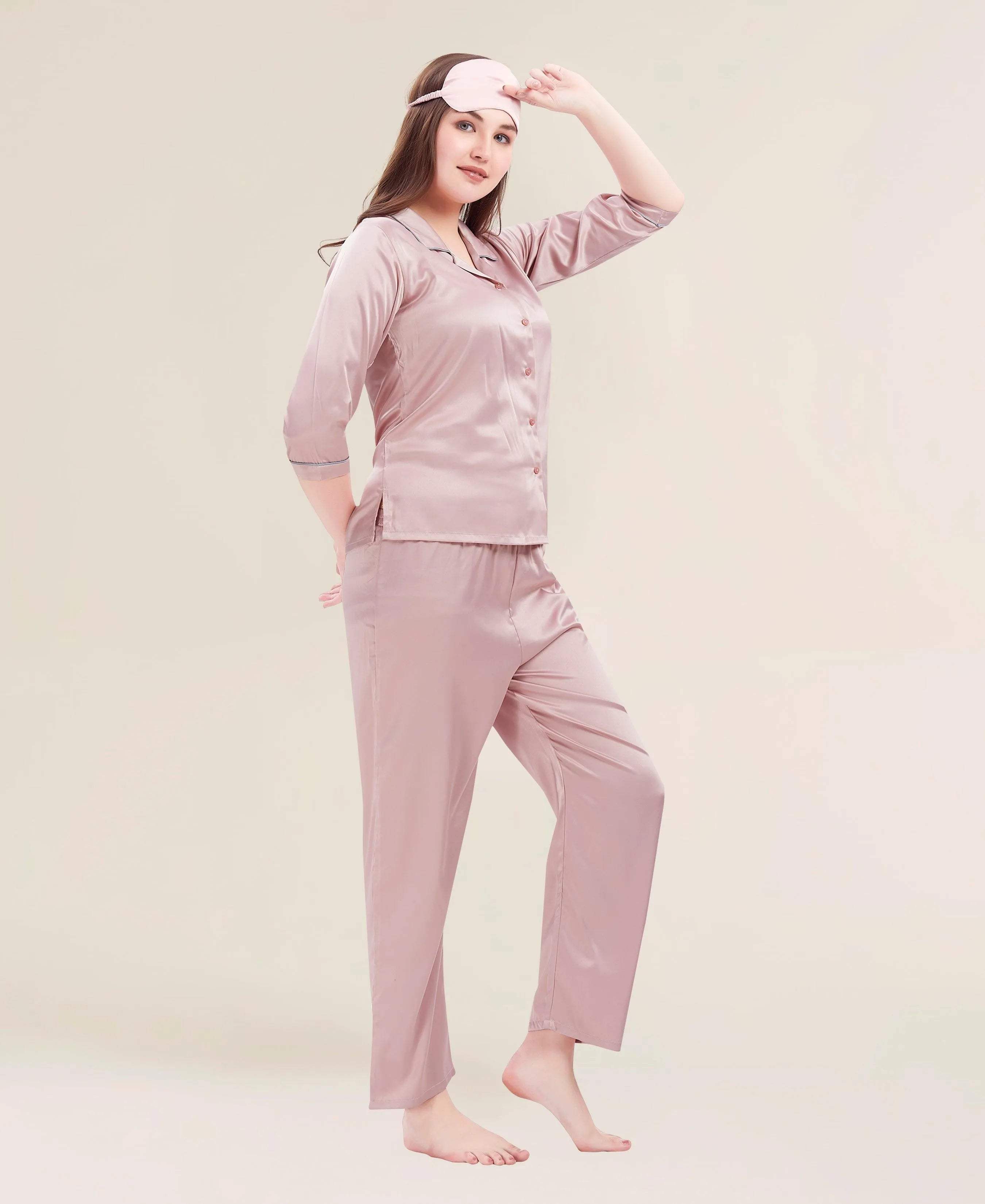 Velure Flerry Red Satin Night Suit - Velure - - 3/4 Sleeves, Collar Neck, Eye Mask, Front Button Open, Full Length Pant, Satin