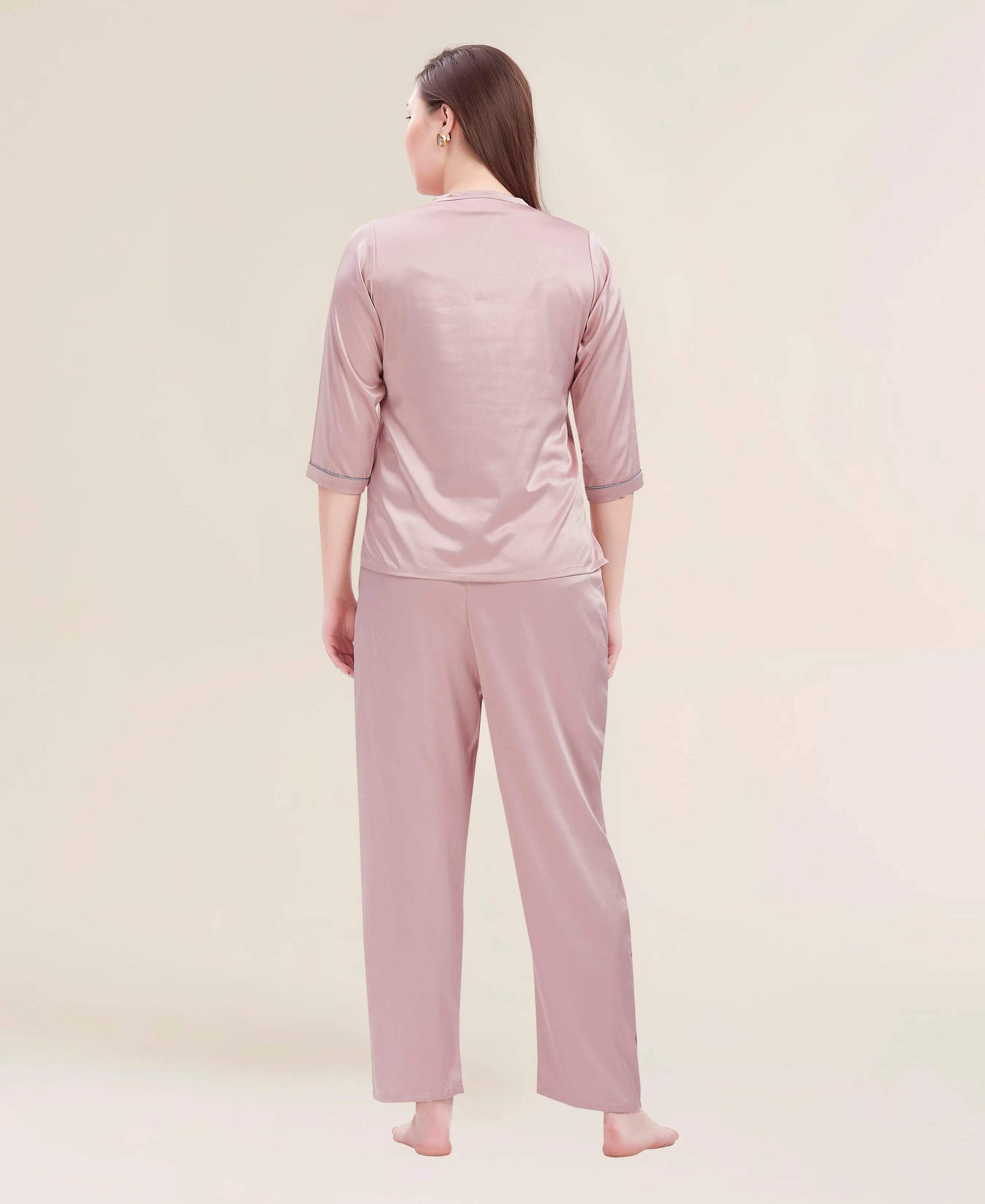 Velure Flerry Red Satin Night Suit - Velure - - 3/4 Sleeves, Collar Neck, Eye Mask, Front Button Open, Full Length Pant, Satin