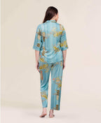 Velure Vintage Floral Satin Print Night Suit - Velure - - 3/4 Sleeves, Collar Neck, Floral Print, Front Button Open, Full Length Pant, Satin