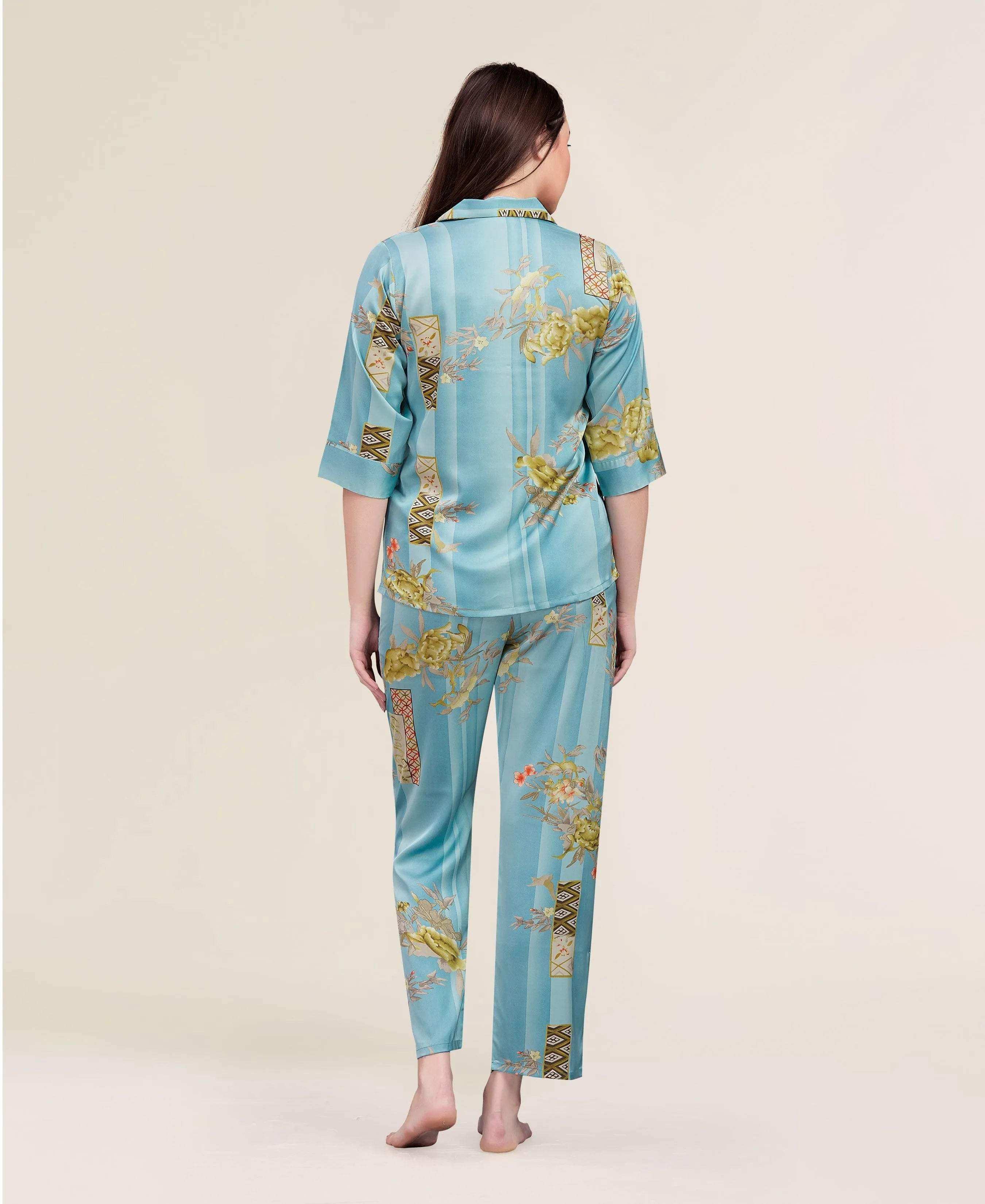 Velure Vintage Floral Satin Print Night Suit - Velure - - 3/4 Sleeves, Collar Neck, Floral Print, Front Button Open, Full Length Pant, Satin