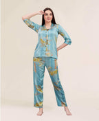 Velure Vintage Floral Satin Print Night Suit - Velure - - 3/4 Sleeves, Collar Neck, Floral Print, Front Button Open, Full Length Pant, Satin