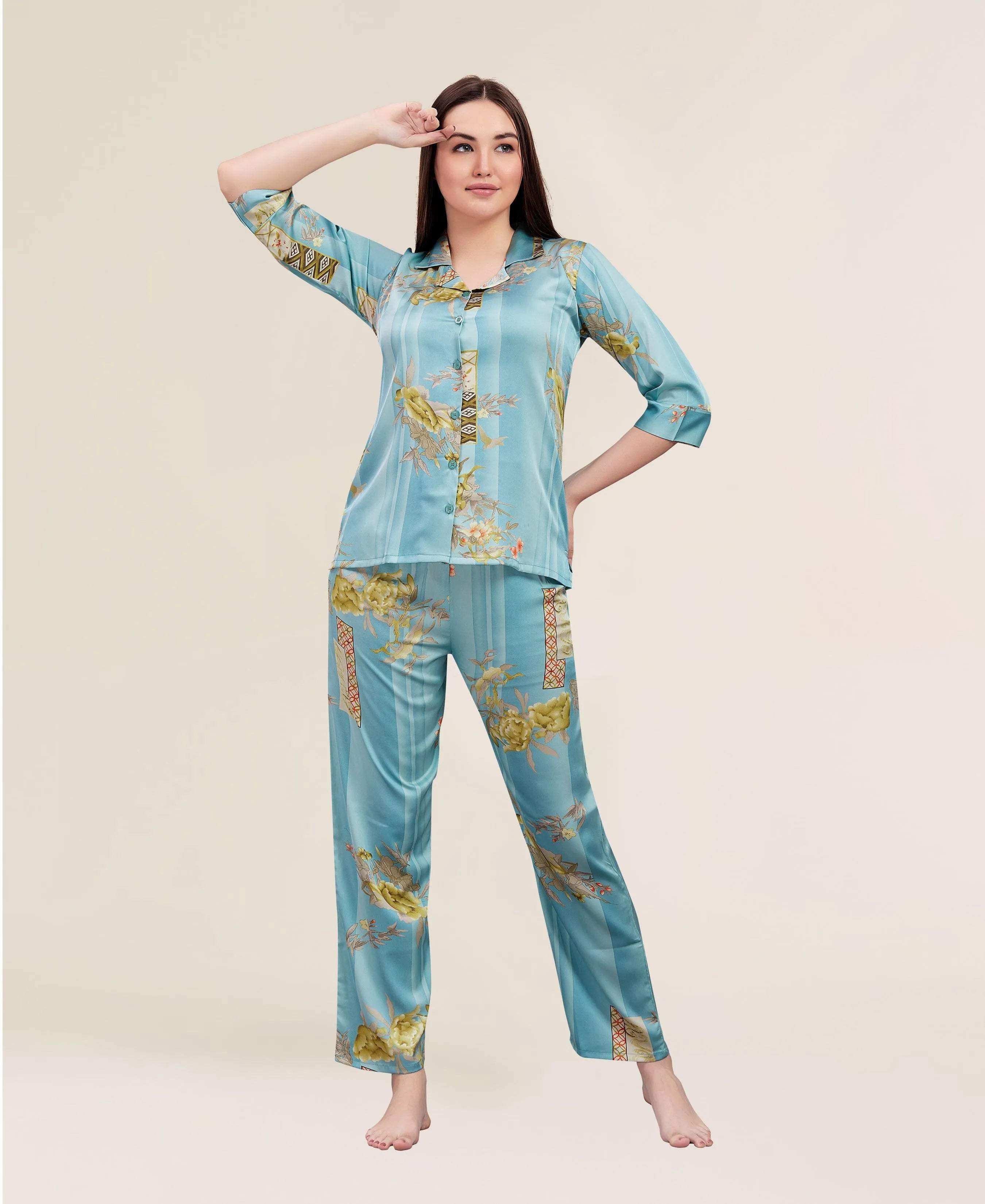 Velure Vintage Floral Satin Print Night Suit - Velure - - 3/4 Sleeves, Collar Neck, Floral Print, Front Button Open, Full Length Pant, Satin