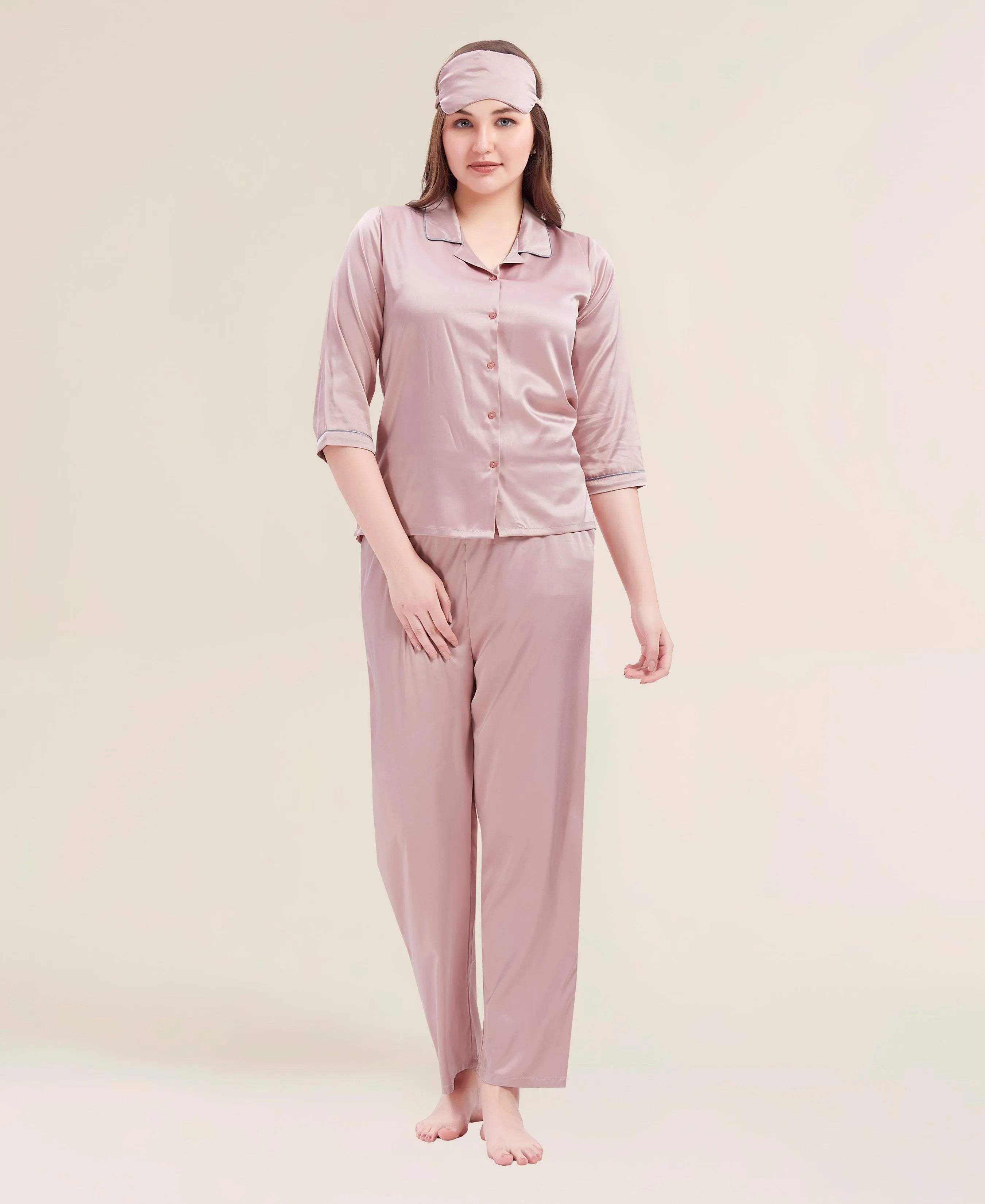 Velure Flerry Red Satin Night Suit - Velure - - 3/4 Sleeves, Collar Neck, Eye Mask, Front Button Open, Full Length Pant, Satin